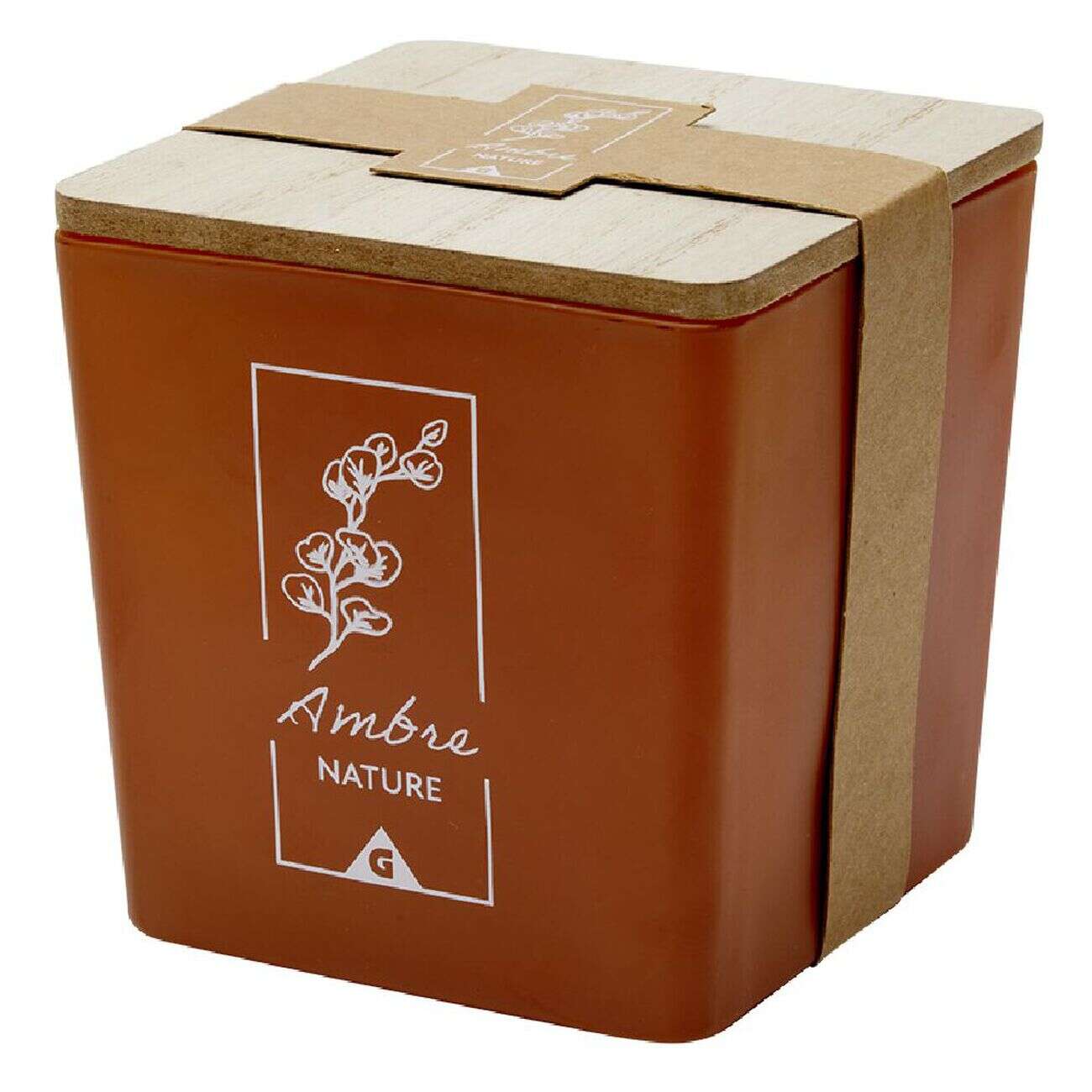 Bougie dans pot carré avec couvercle bois senteur ambre