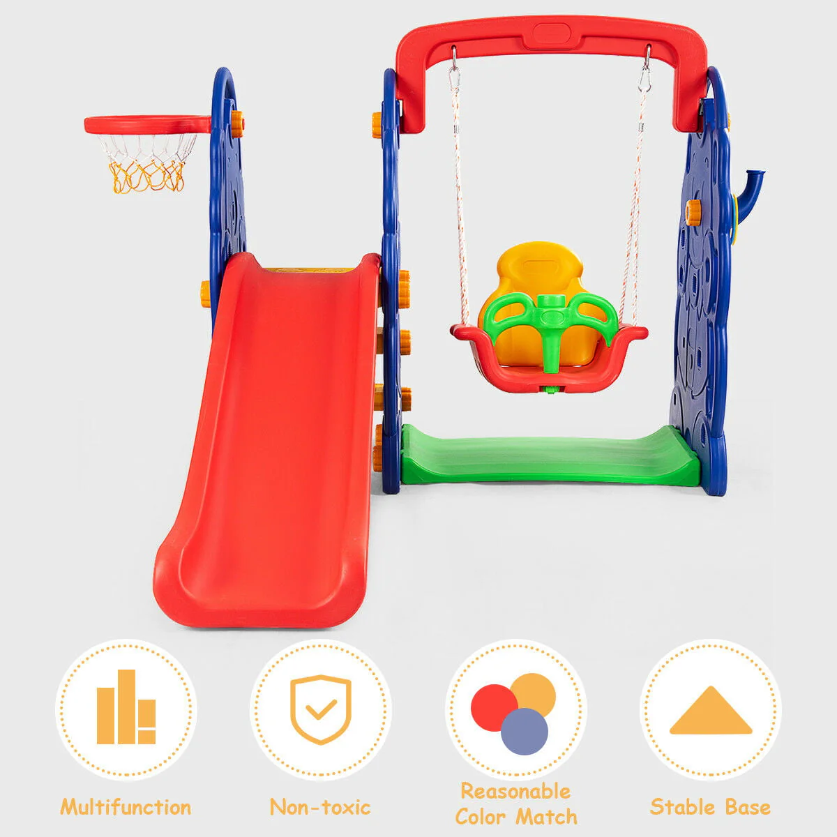 3 in 1 Junior Children Climber Slide Swing Seat Basketball Hoop Playset Backyard - Image 5