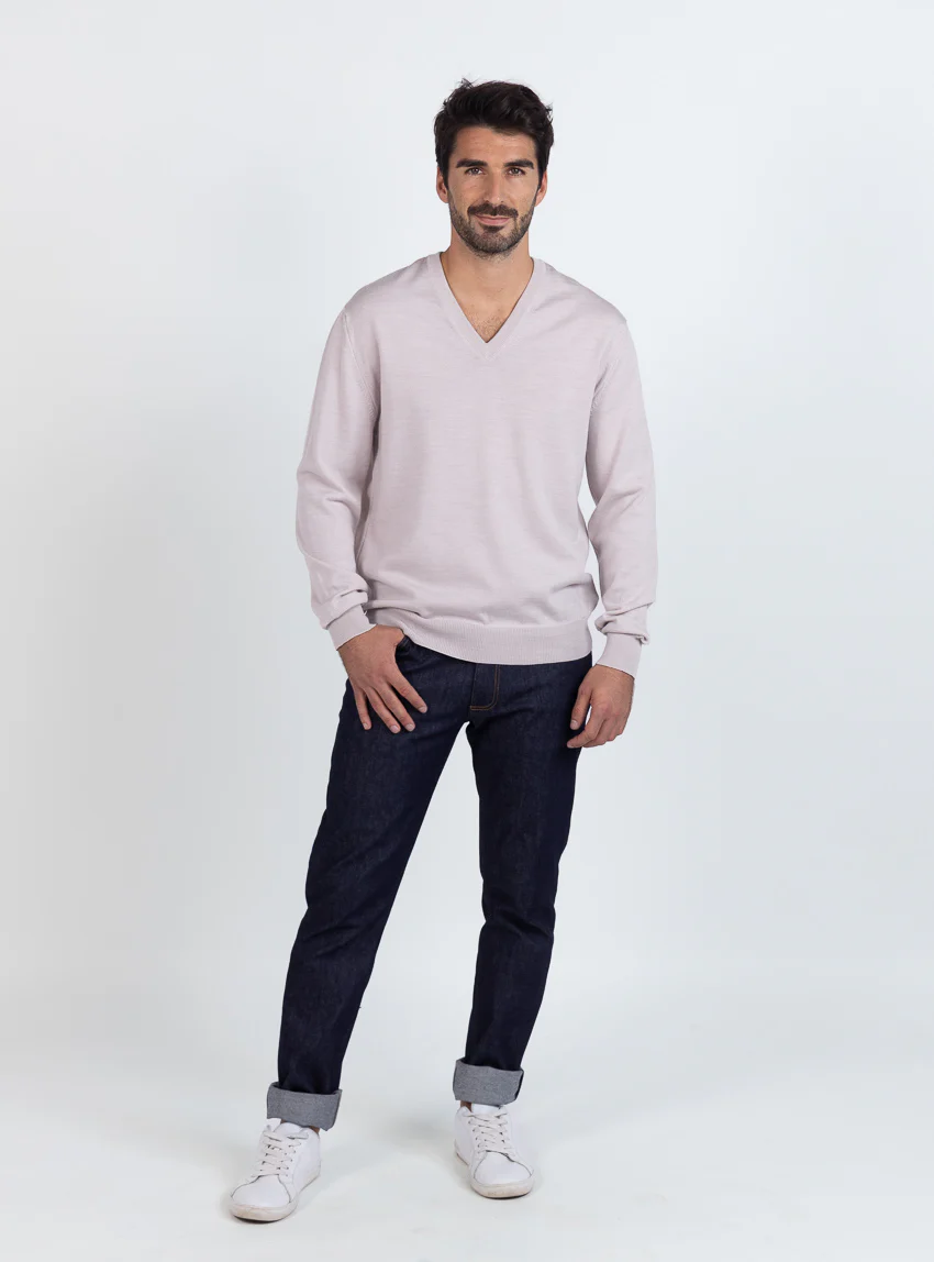 Pull homme col V 100% mérinos beige naturel