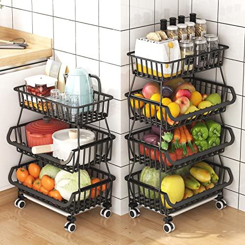 4 Tier Fruit Vegetable Basket For Kitchen, Stackable Fruit And Vegetable Storage Cart,Vegetable Organizer Basket Stand Bins Rack For Onions And