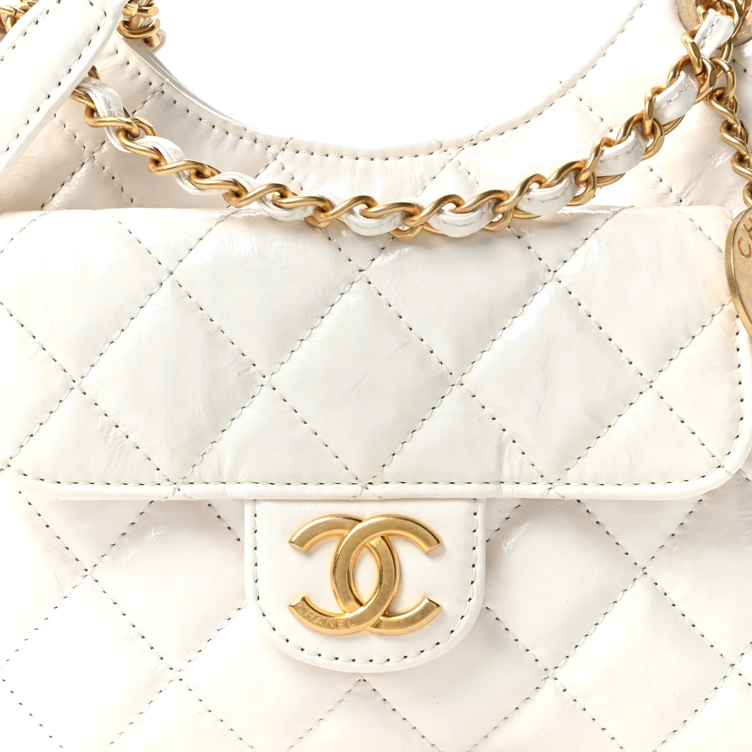 Shiny Crumpled Calfskin Quilted Small Wavy CC Hobo White