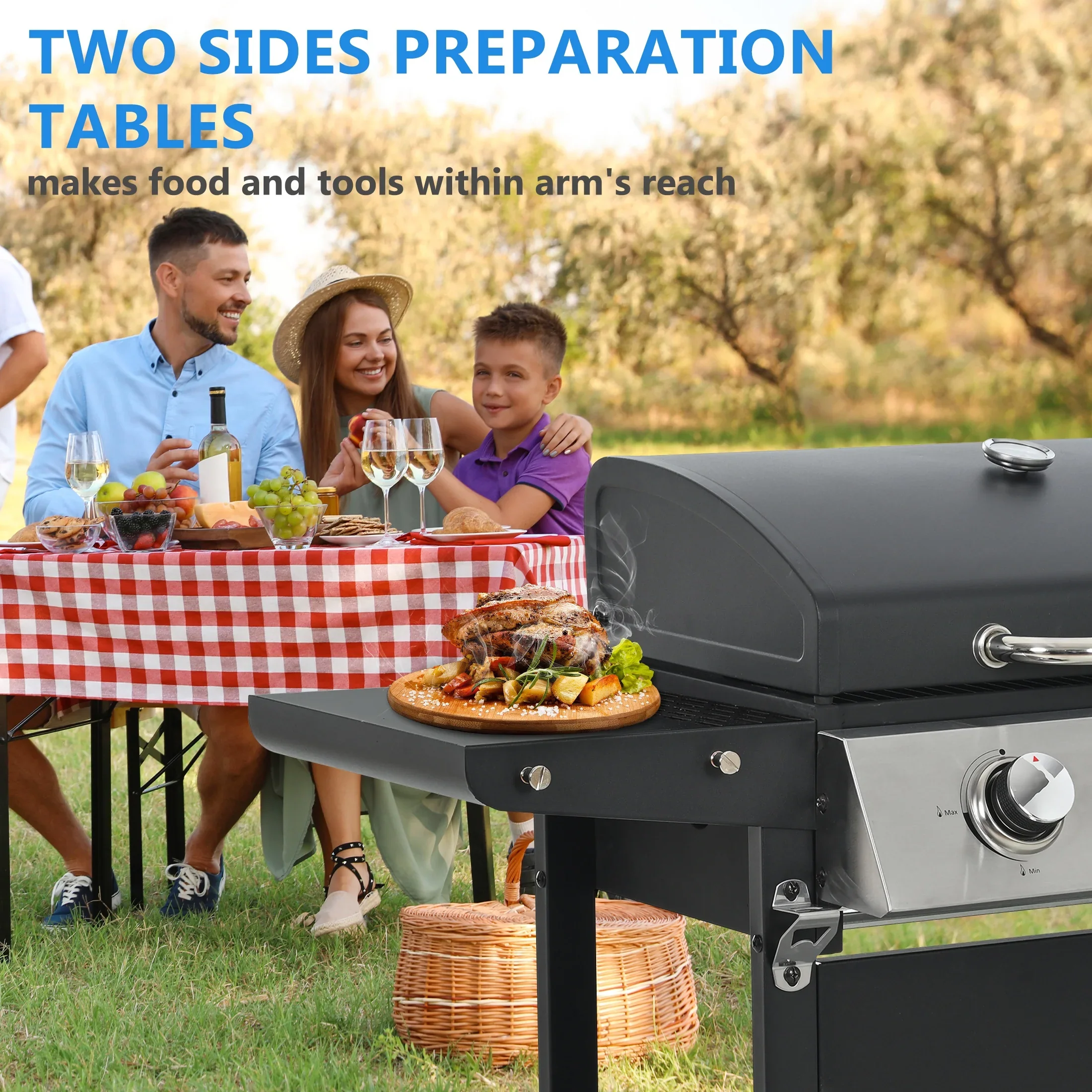 Segmart 3 Burner BBQ Propane Gas Grill, Stainless Steel 30,000 BTU Patio Garden Barbecue Grill with Folding Side Tables, Hanging Basket & Thermometer, Perfect for Camping, Outdoor Cooking