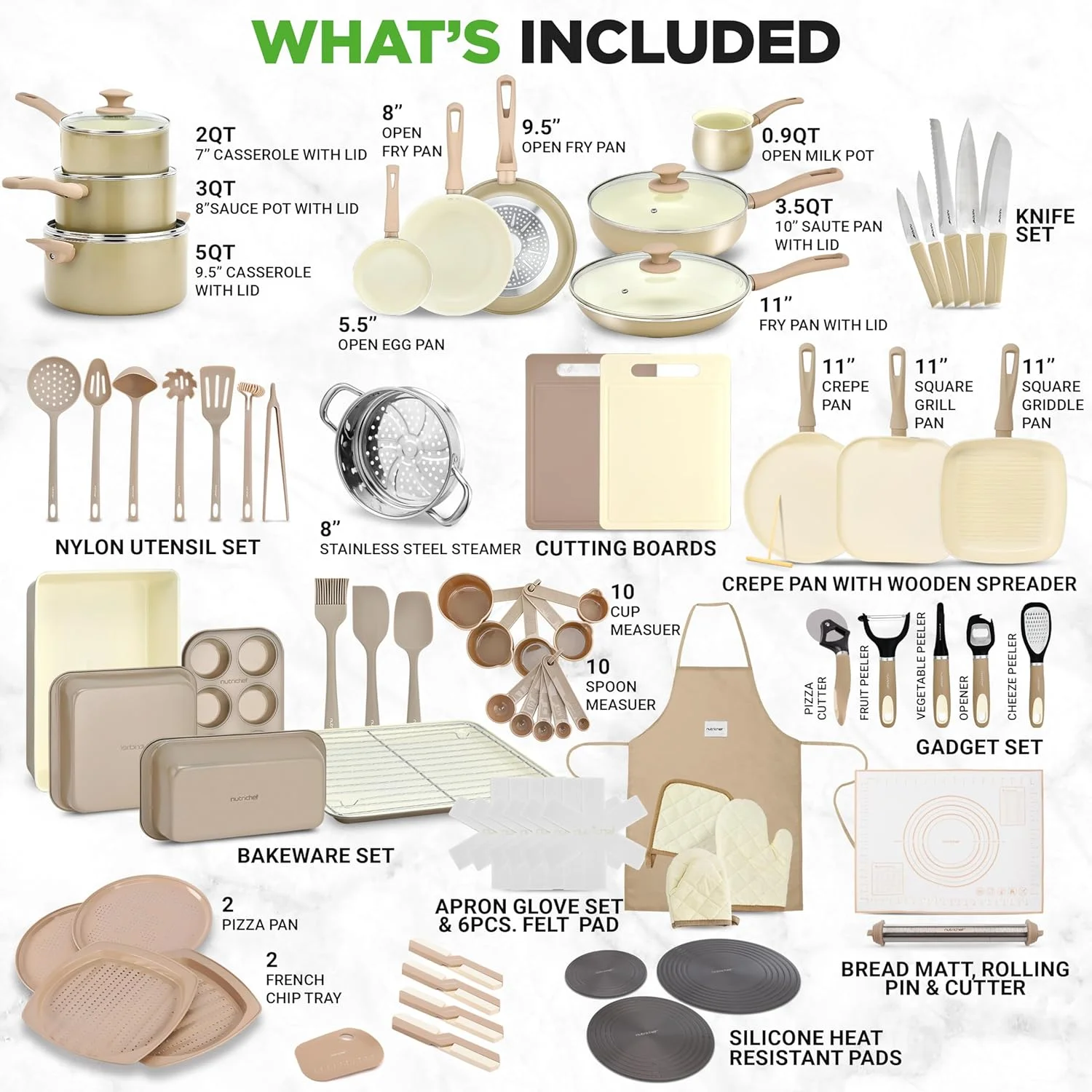 54 - Piece Kitchen Cookware Set - Complete Non - Stick Ceramic Pots and Pans Set with Utensils, Bakeware, and Knife Set, Gas, Electric & Induction Compatible, Blush Pink Kitchen Essentials