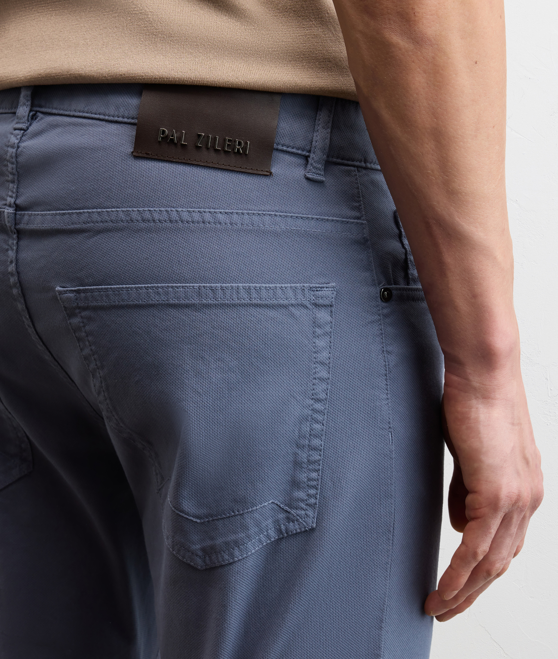 LIGHT BLUE GARMENT DYED COTTON AND ELASTANE FIVE POCKET TROUSERS WITH MICROSTRUCTURE