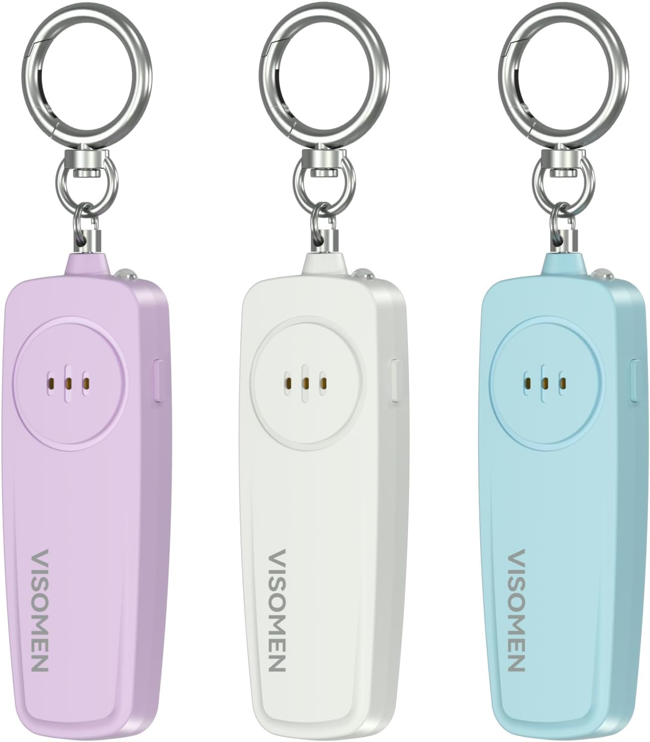 Personal Safety Alarm Keychain for Women,3-Pack,Loud Siren with Flashing LED Light,Portable Emergency Security Device,Gifts for Kids,Presents for Elderly,Night Running,Purple White Blue