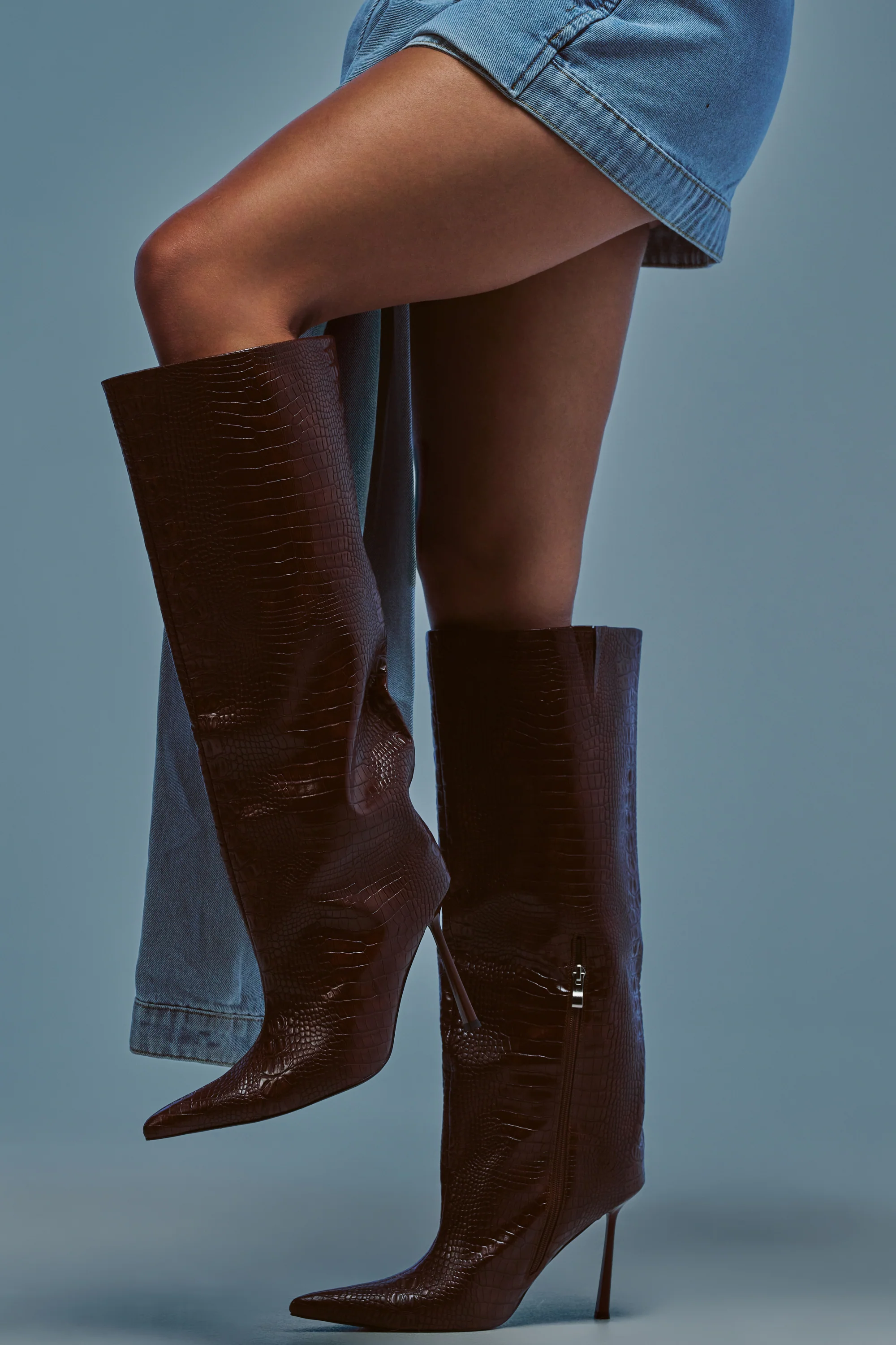 AZALEA WANG MADEYE BROWN CROC KNEE HIGH STILETTO BOOT - Akira Store