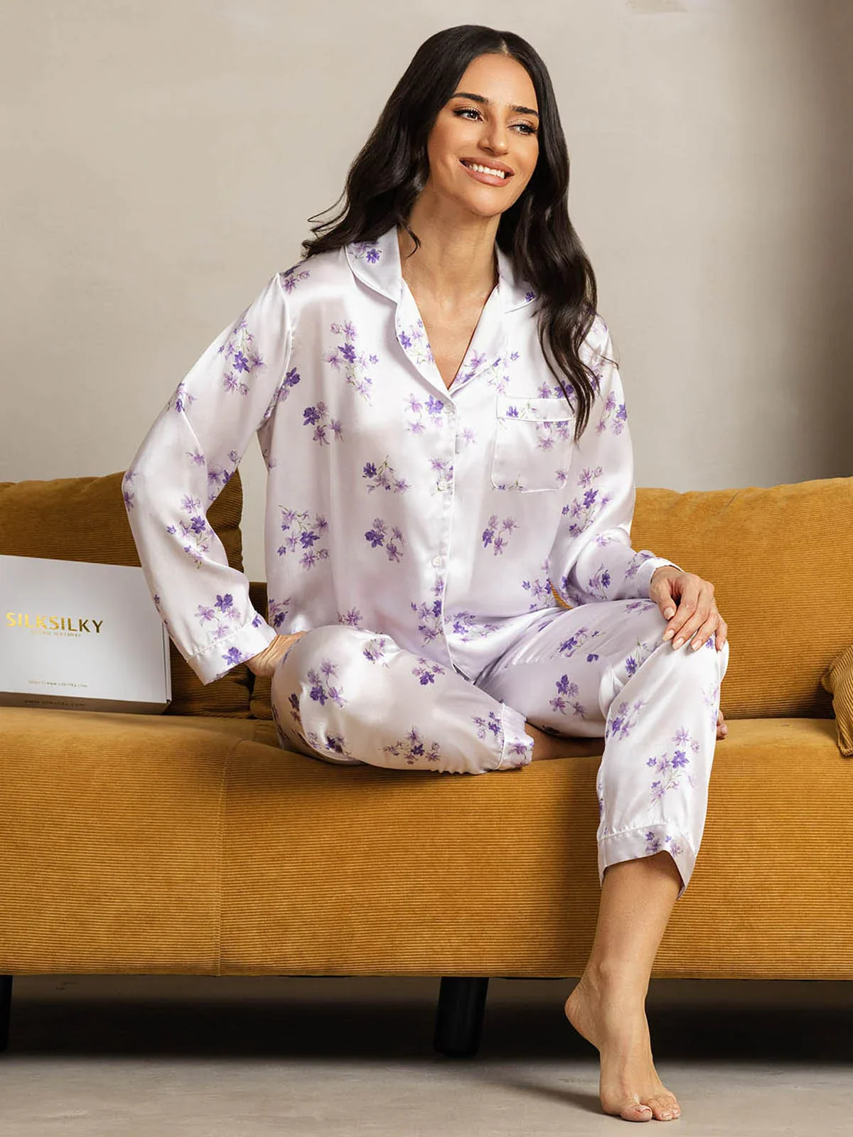 Pure Silk Lilac Bloom Print Long Sleeve Notch Collar Women's Pajamas Set