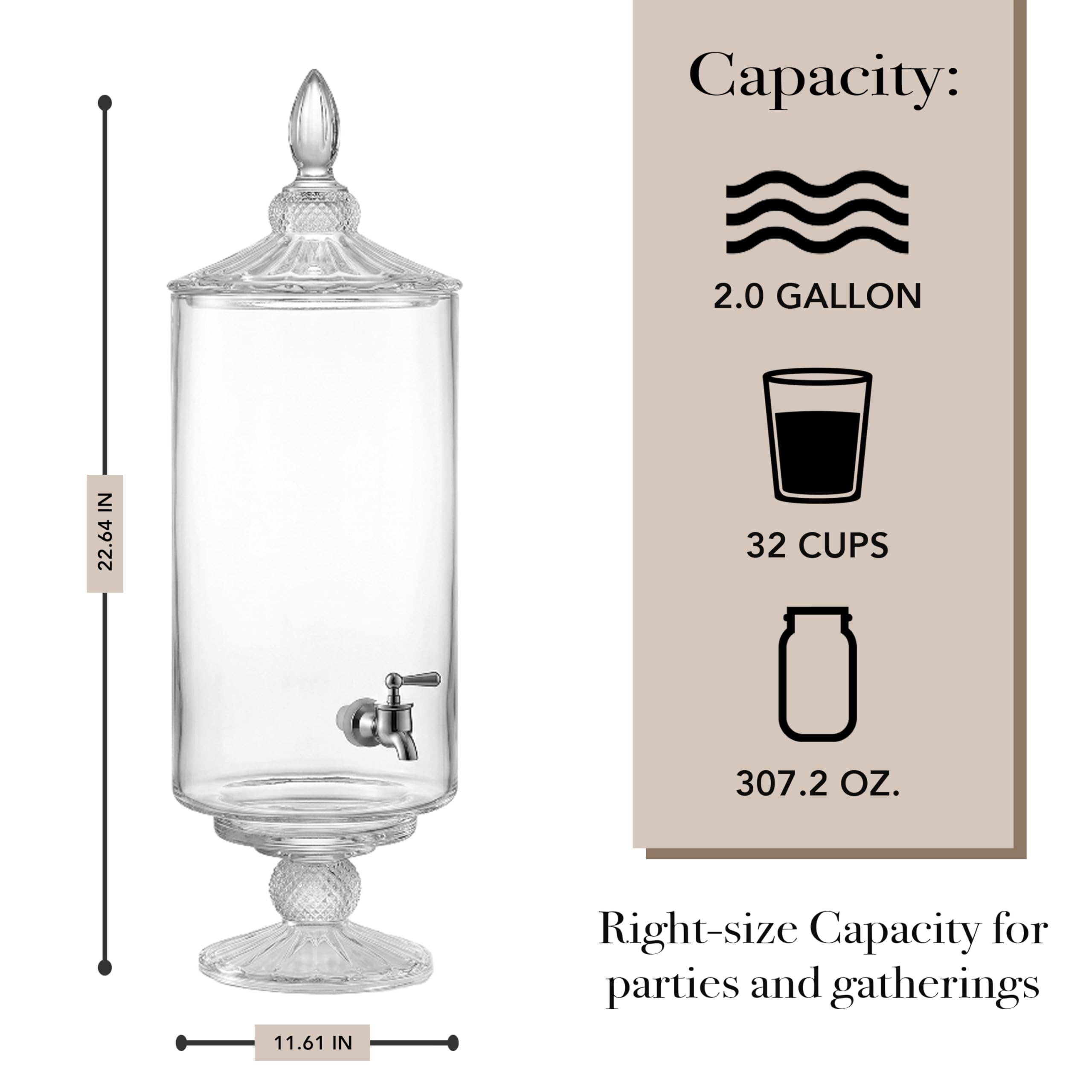 Optic Beverage Cold Drink Dispenser w/ 2-Gallon Capacity Glass Jug, Leak Proof Acrylic Spigot for Parties, Weddings, & More