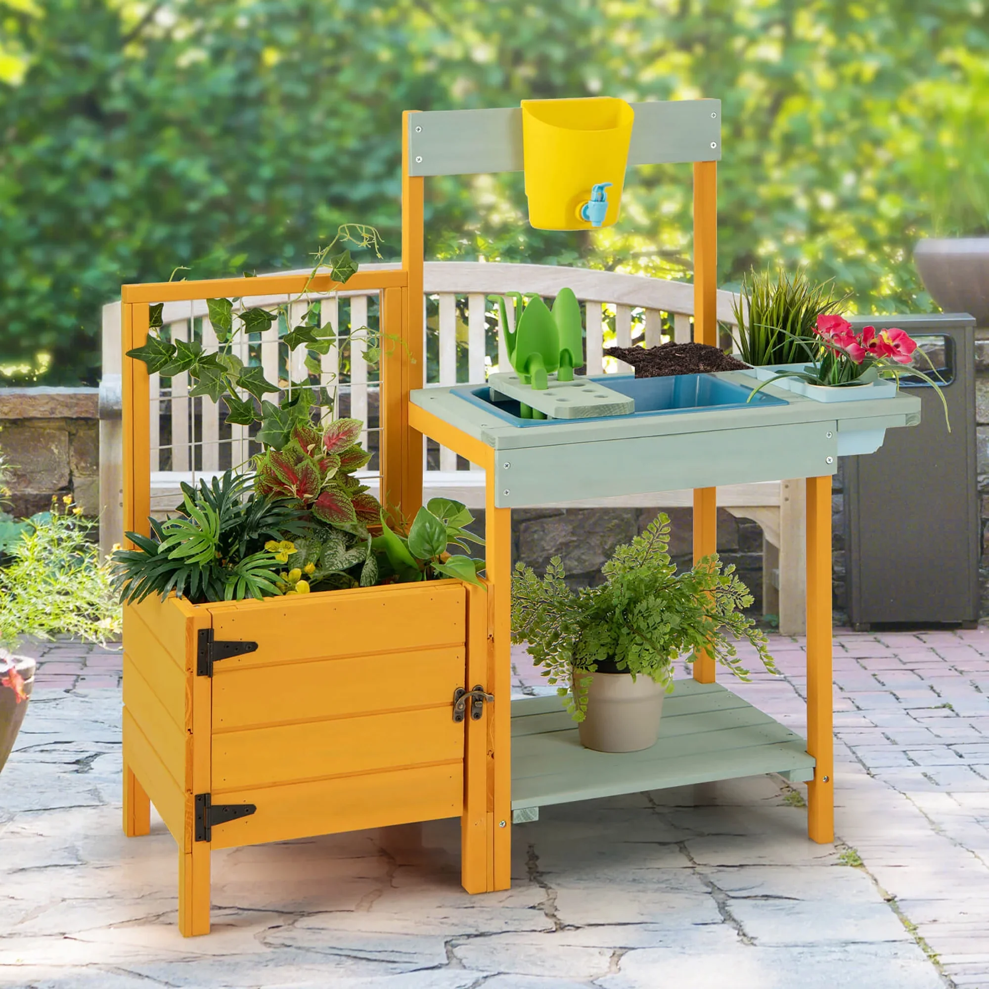 Gymax Wooden Potting Bench for Kids w/ See-Through Window Planter Box Garden Trellis