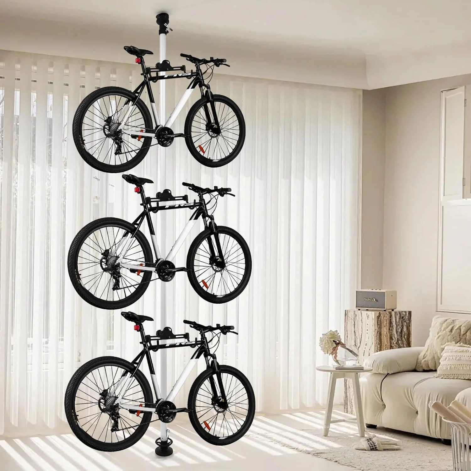 Vertical Bike Storage Rack 3 Bicycles Bike Stand Adjustable No Drilling Bike Rack Garage Space - Saving Rack for Road MTB Hybrid Bicycles
