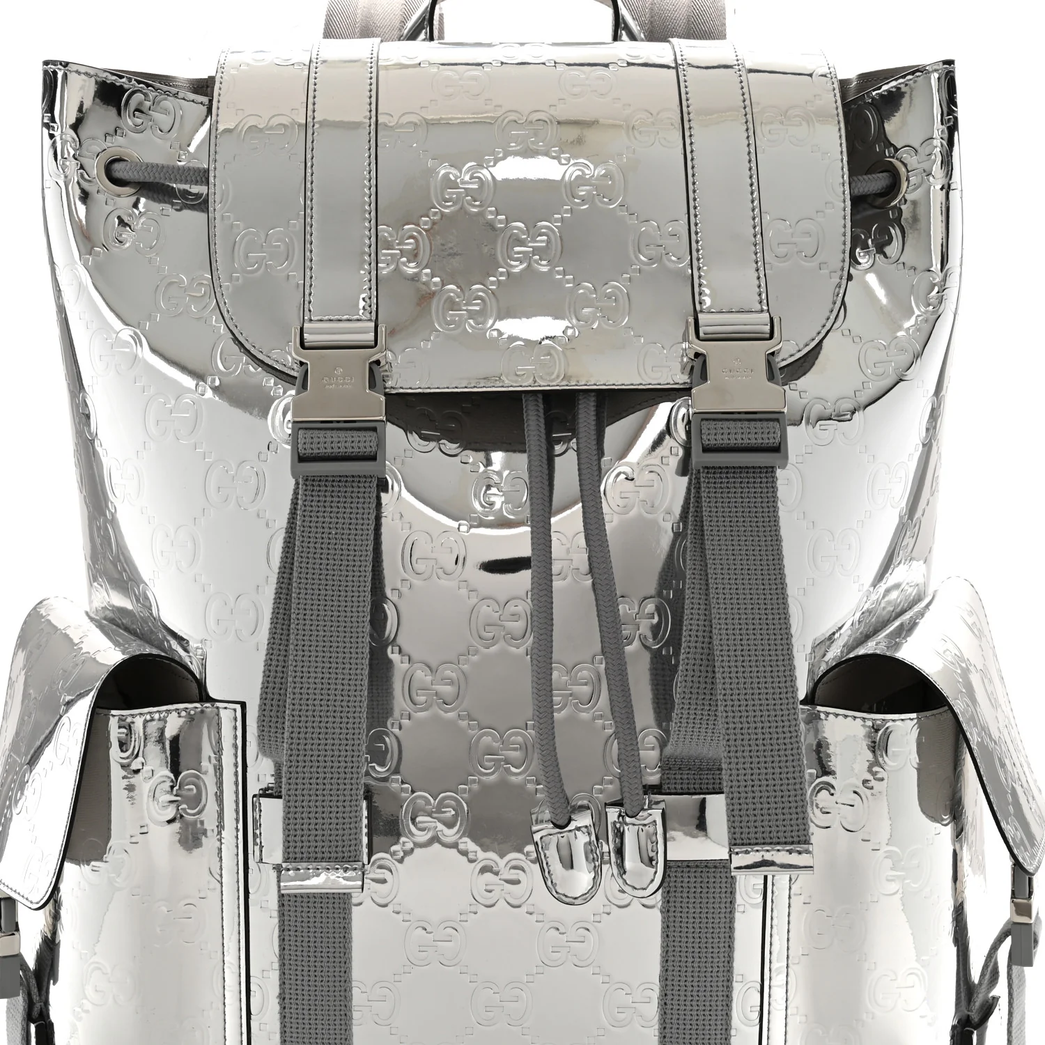 Mirror Effect GG Monogram Appia Calfskin Web Double Buckle Backpack Silver