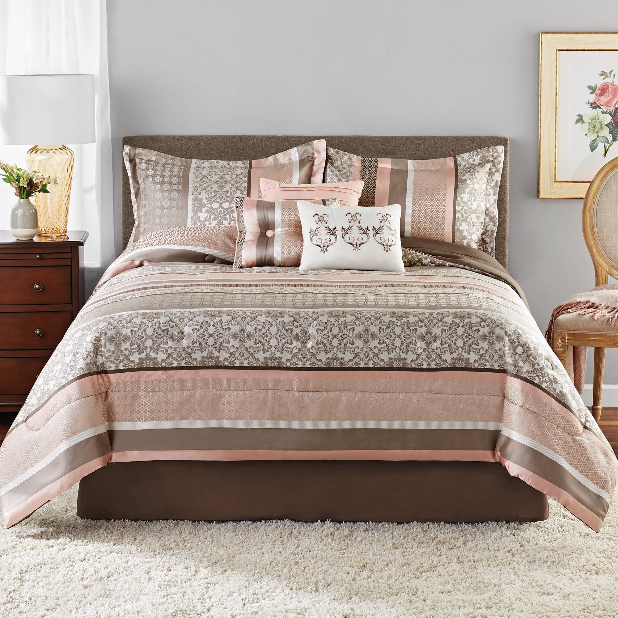 Mainstays Princeton Blush Stripe 7 Piece Comforter Bedding Set Size: Full/Queen