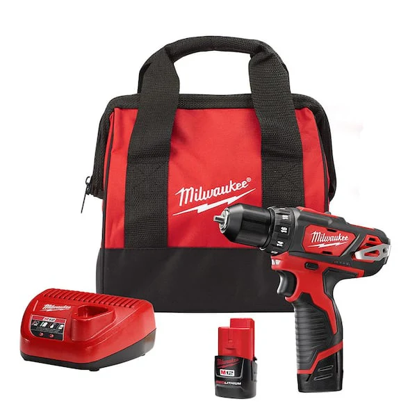M12 12V Lithium Ion Cordless 3/8 in  Drill/Driver Kit with Two 1 5 Ah Batteries, Charger and Tool Bag