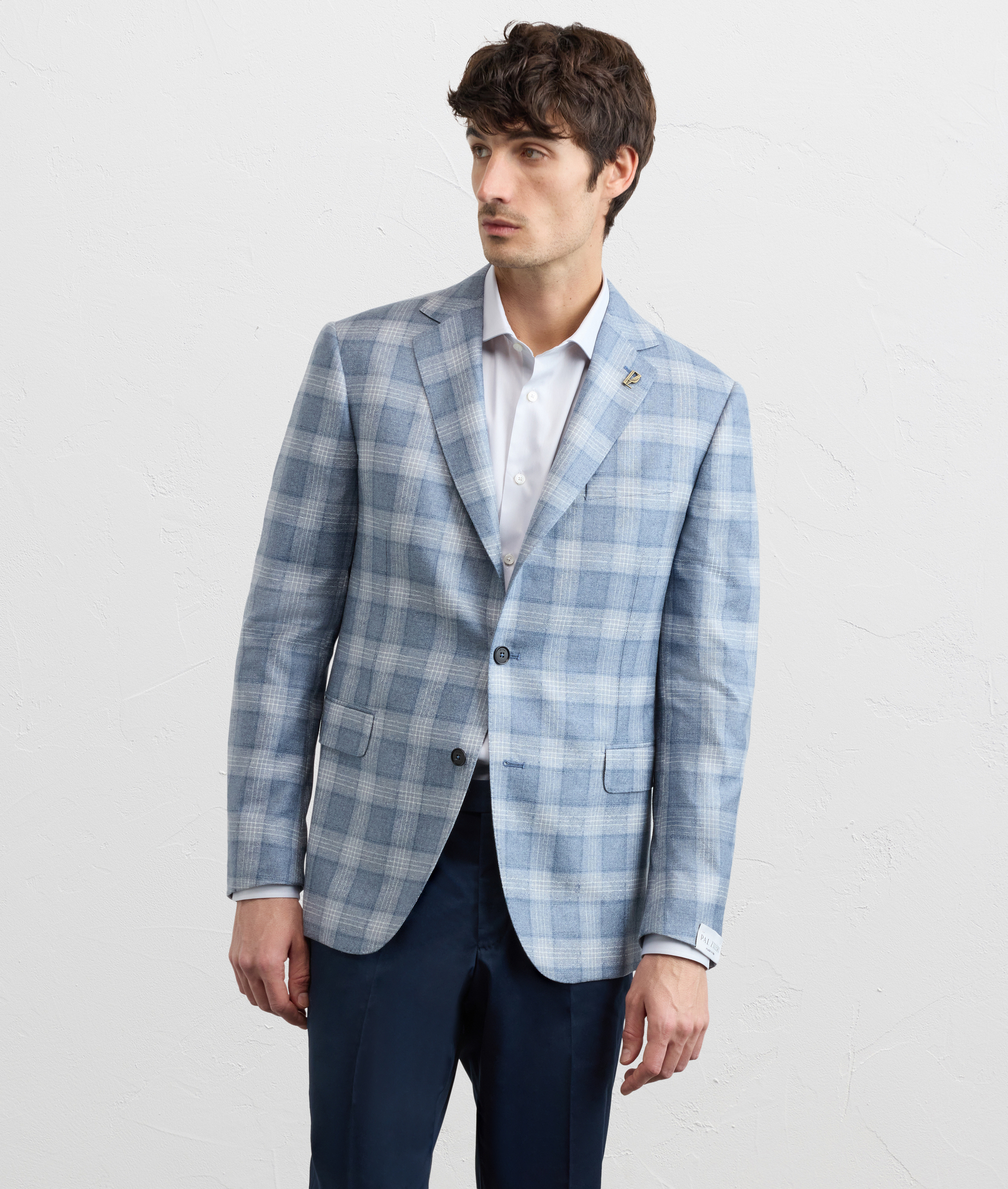 LIGHT BLUE CHECKED SILK AND CASHMERE VICENZA LINE HALF LINED JACKET