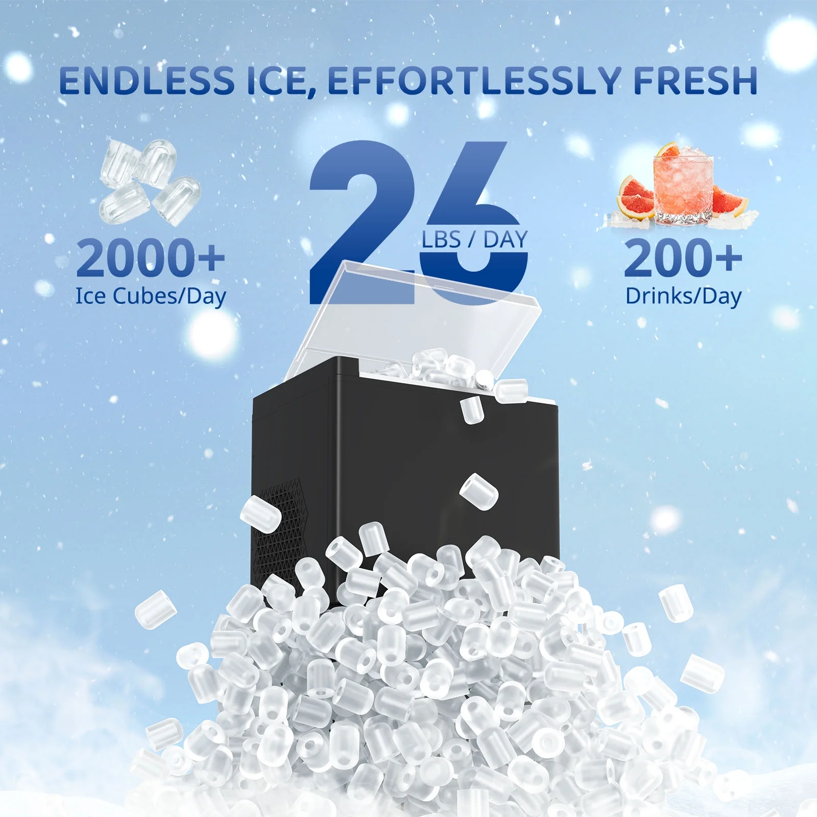 WETIE Countertop Ice Maker, 9 Bullet Ice Cubes in 6 Mins, 2 Ice Sizes, 26 lb/24H with Removable & Washable Ice Tray & Scoop, with Self - Cleaning Function for Home/Kitchen/Camping/Party