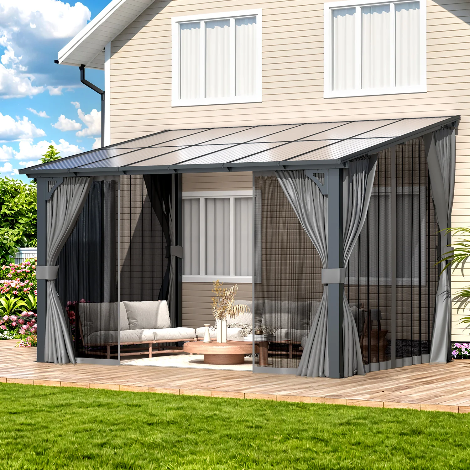 AECOJOY 12'x8' Wall Gazebo with Curtains and Mosquito Netting, Gray
