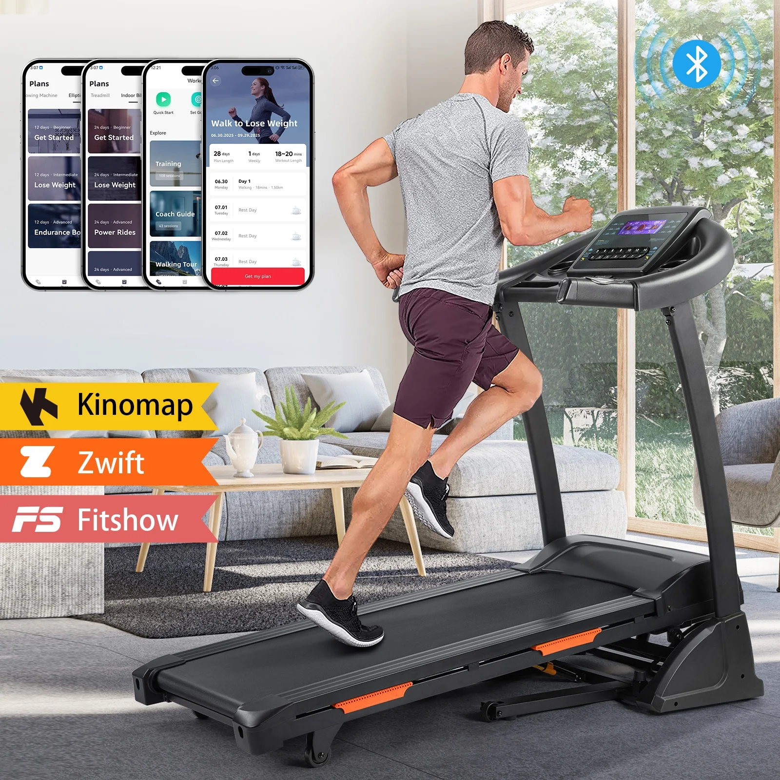 3.5HP Folding Treadmill, 300lb Capacity, 15 Levels Auto Incline Treadmills for Home Running and Walking Max 10MPH Speed Foldable EleTreadmill Running Machine with APP Bluetooth - Image 3
