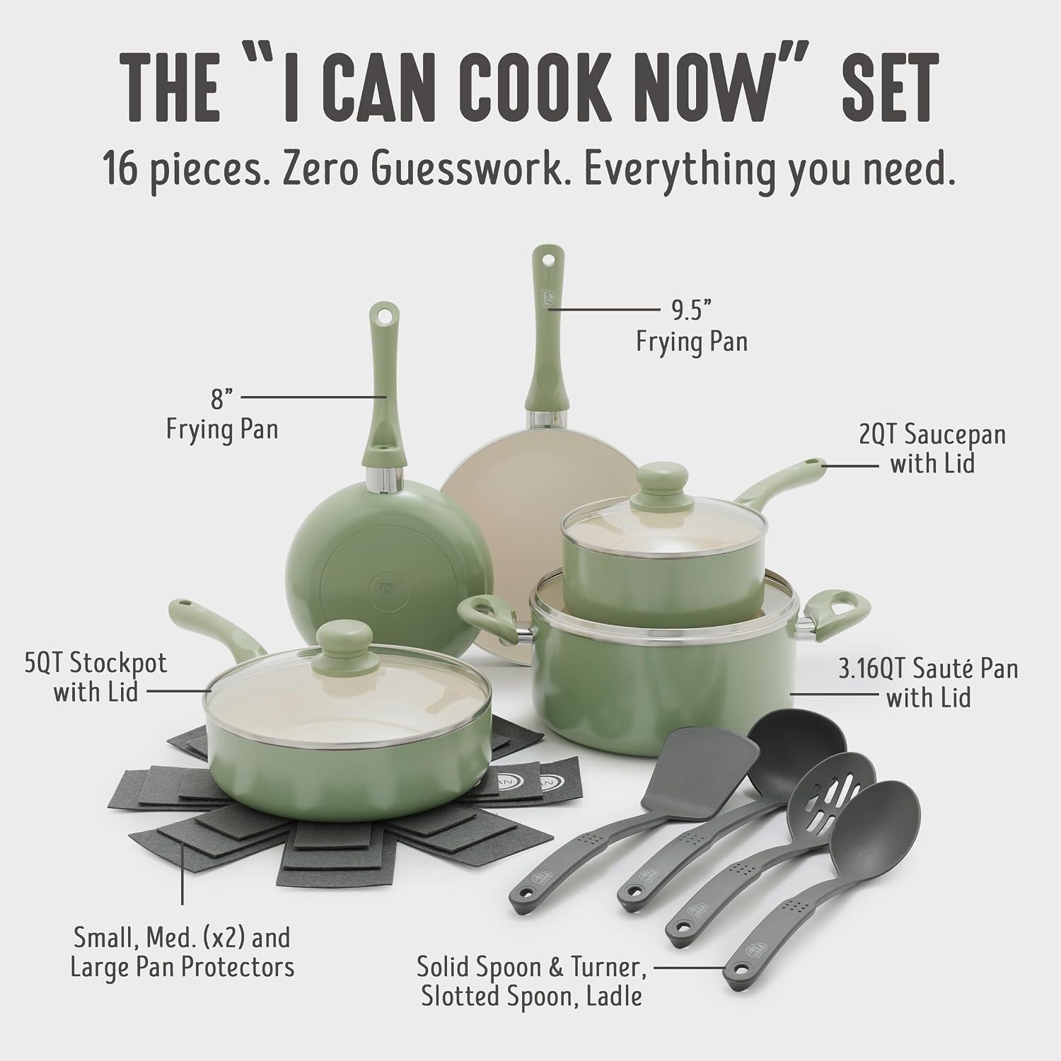 GreenLife 16pc Ceramic Nonstick Pots & Pans Cookware Set, Sage Green