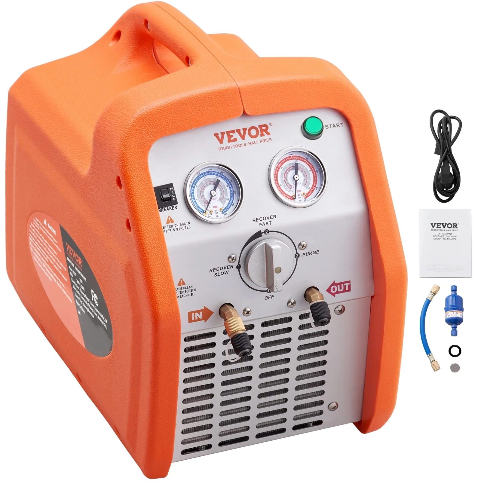 VEVOR 1 HP Dual-Cylinder Refrigerant Recovery Machine, 120V 60Hz, High-Pressure Protection for AC and HVAC