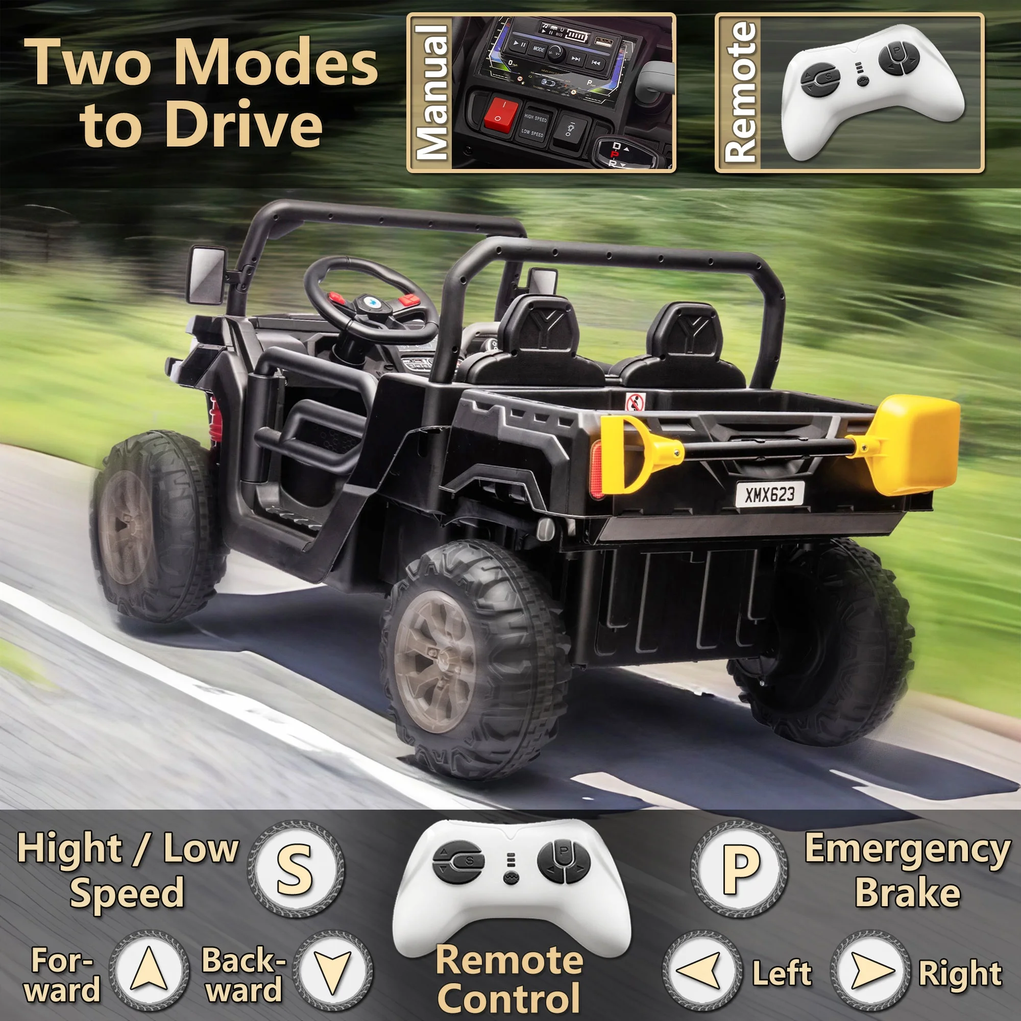 24V 2 Seater Kids Ride on Car Truck, Ride on UTV W/ 2x200W Motor, 24 Volt Ride on Toys W/ Dump Bed/Shovel, Electric Car for Kids W/ Durable Tires, LED Light, Music, Remote Control, Black(L-4X4/Black) - Image 8