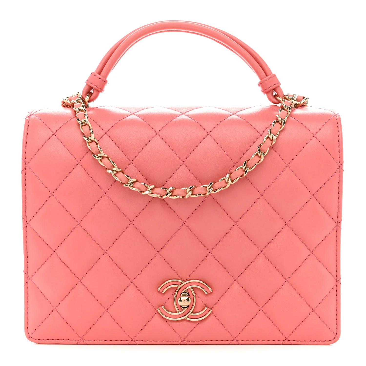 Lambskin Quilted Small Handle Tied Top Handle Flap Pink