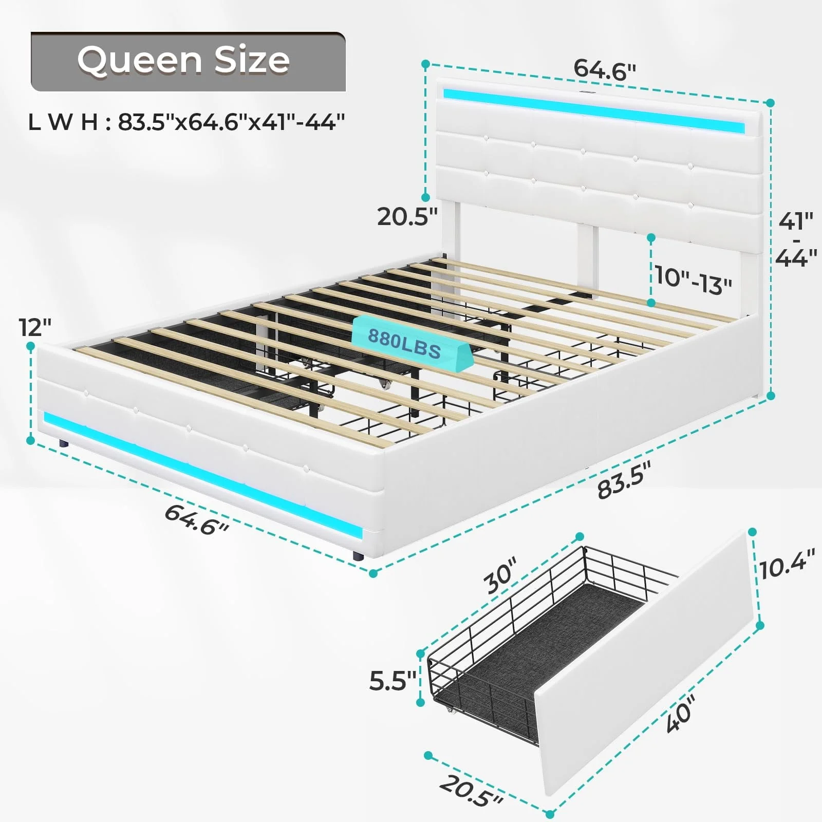 Queen Platform Bed Frame with 4 Drawers Storage and Headboard, Pu Leather Upholstered LED Bed Frame with 2 USB Charging Station Wood Slat Support,White(Queen Size/Black) Image 9