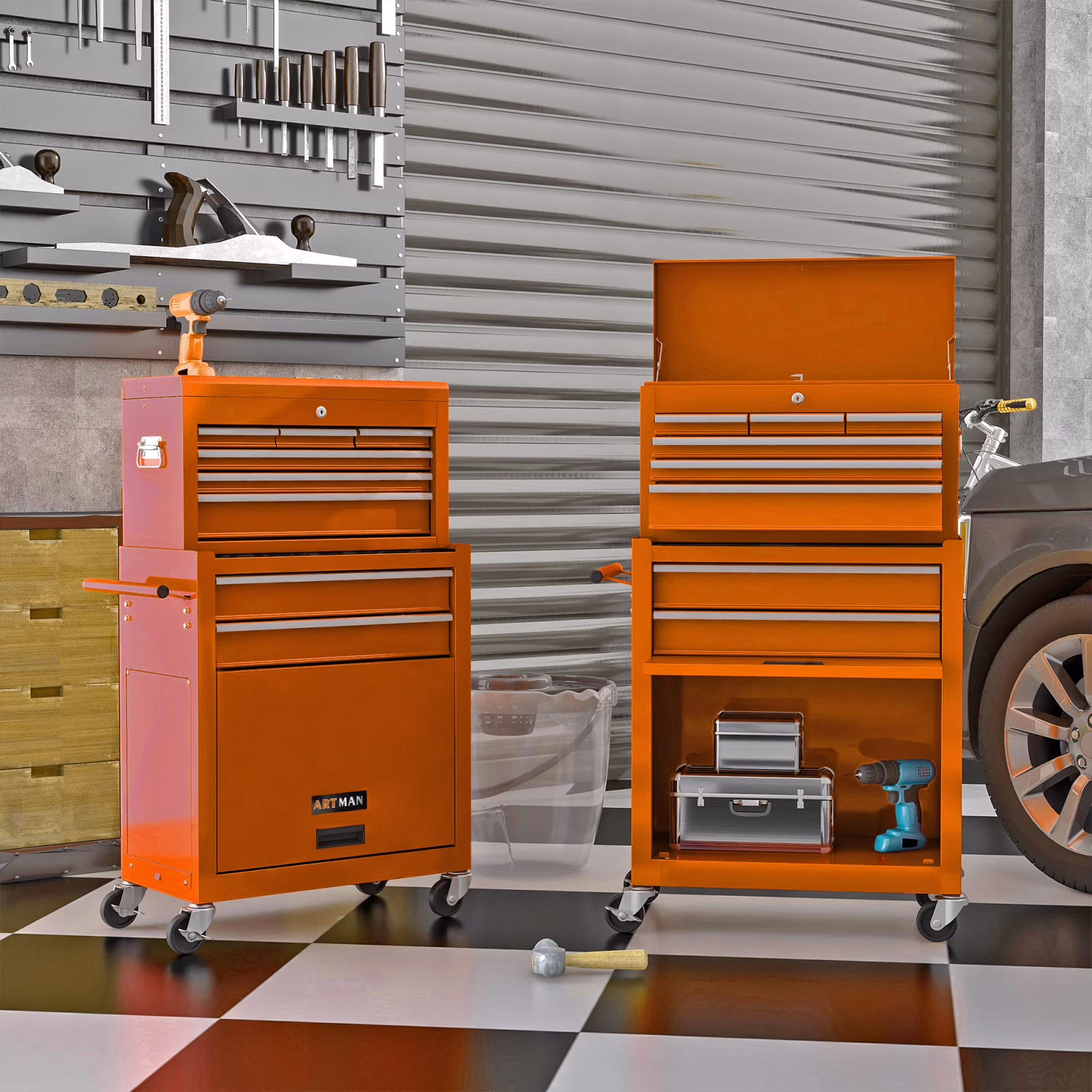 Pouseayar 8-Drawers Steel Rolling Tool Chest with Wheels and Drawers, Orange