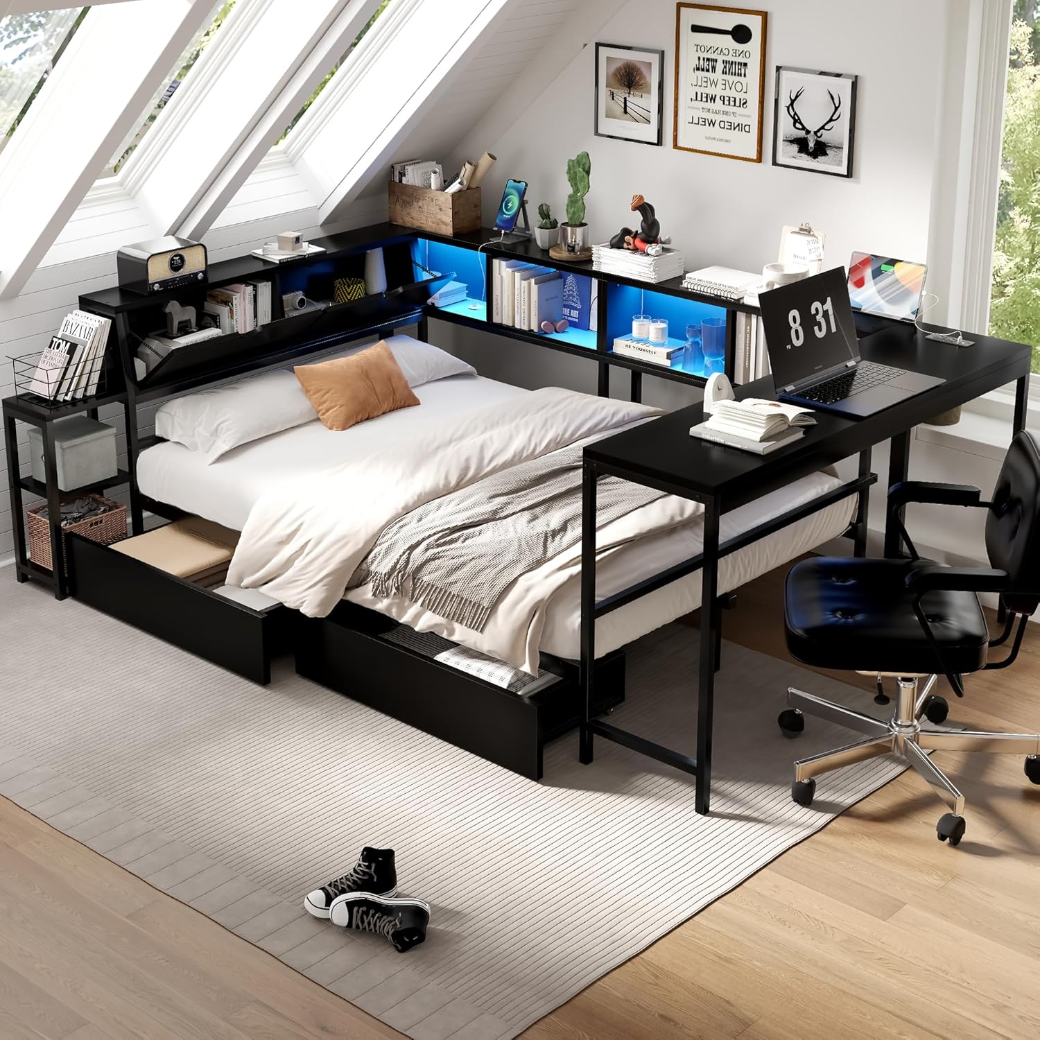 Bellemave Twin Corner Bed Frame with Desk and Storage, Twin Captains Bed with Charging Station,LED Light, Wood Daybeds with L-Shaped Bookcase and 2 Drawers, Black