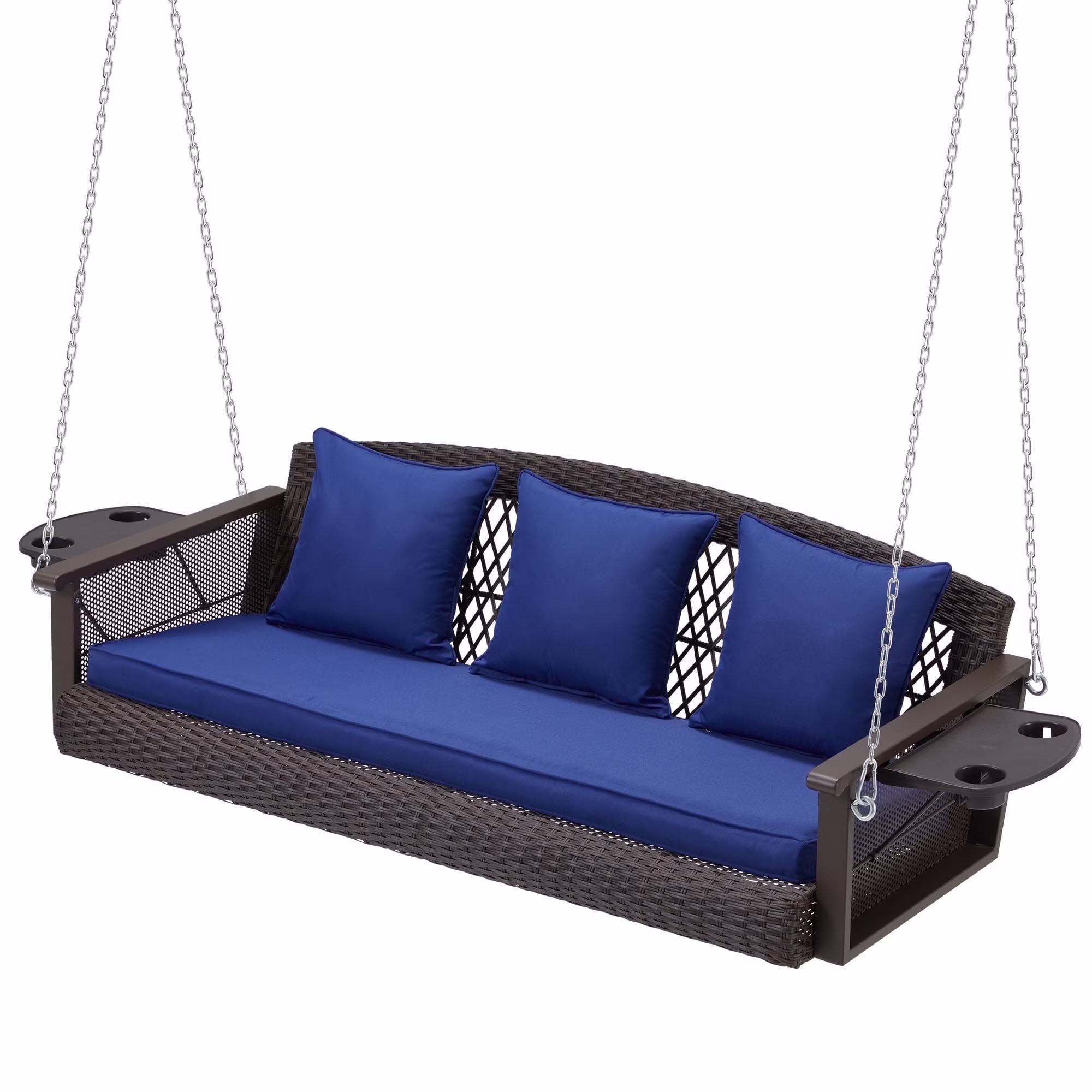 3-Person Porch Swing 55in Wicker Hanging Swing Bench with Cushions and Cupholders for Deck, Garden and Backyard, Beige(Beige) - Image 7