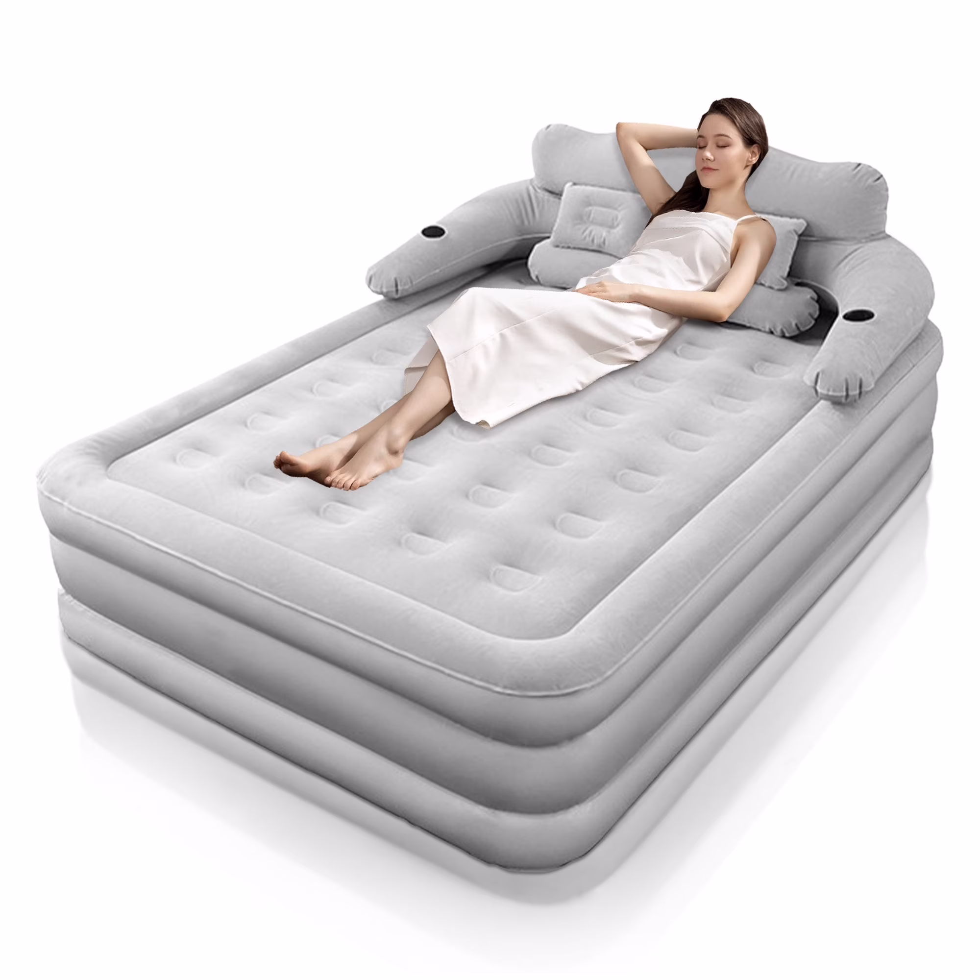 Queen Air Mattress with Backrest �C 18.9" Thick Inflatable Bed, Built-in Pump Night Light, Waterproof Flocked Top, 800lb Load-Bearing capacity (Light Grey)(Light Grey)