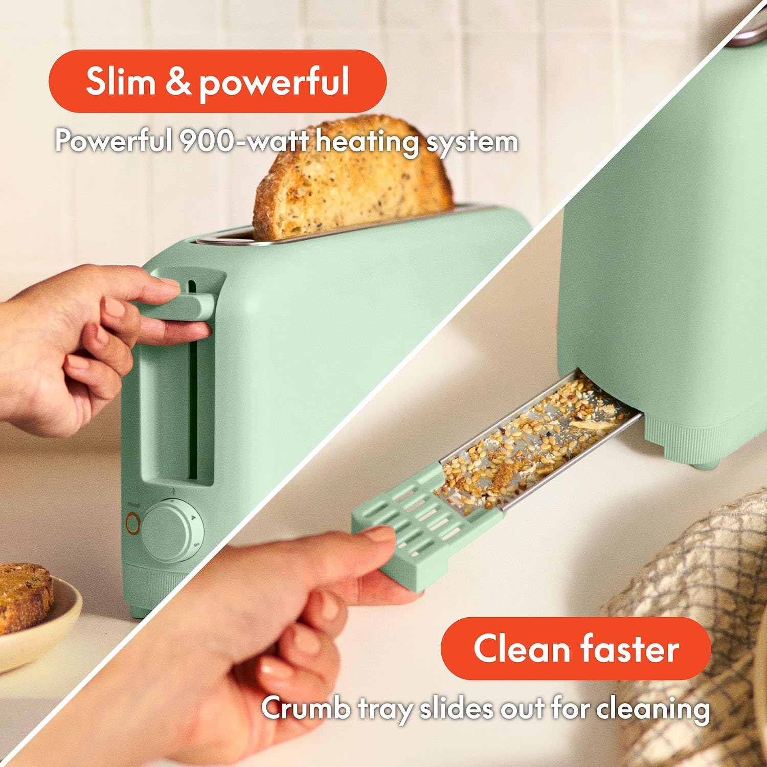 bella Fits-Anywhere ™   2-Slice Slim Toaster, Long Slot & Extra Wide, Seaglass