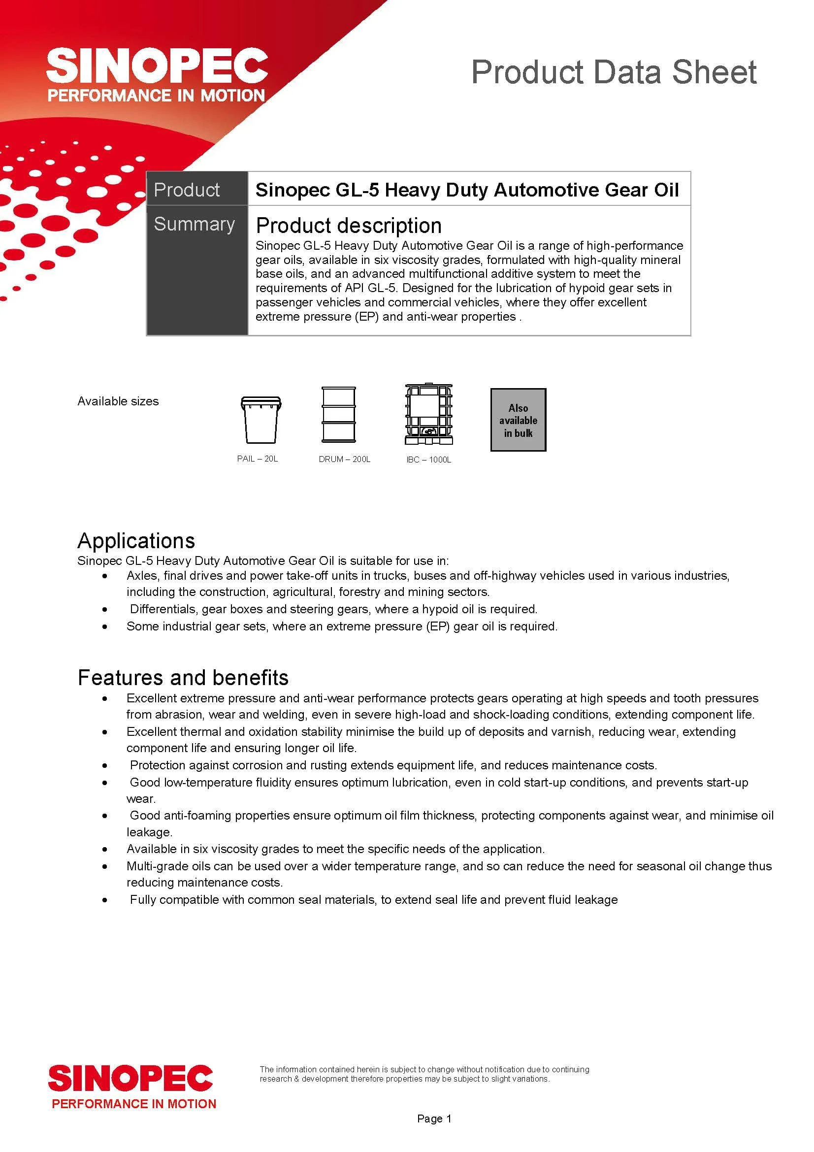 85W140 Heavy Duty EP Gear Lube - 5 Gallon Pail (18 L - 4.75 GAL)