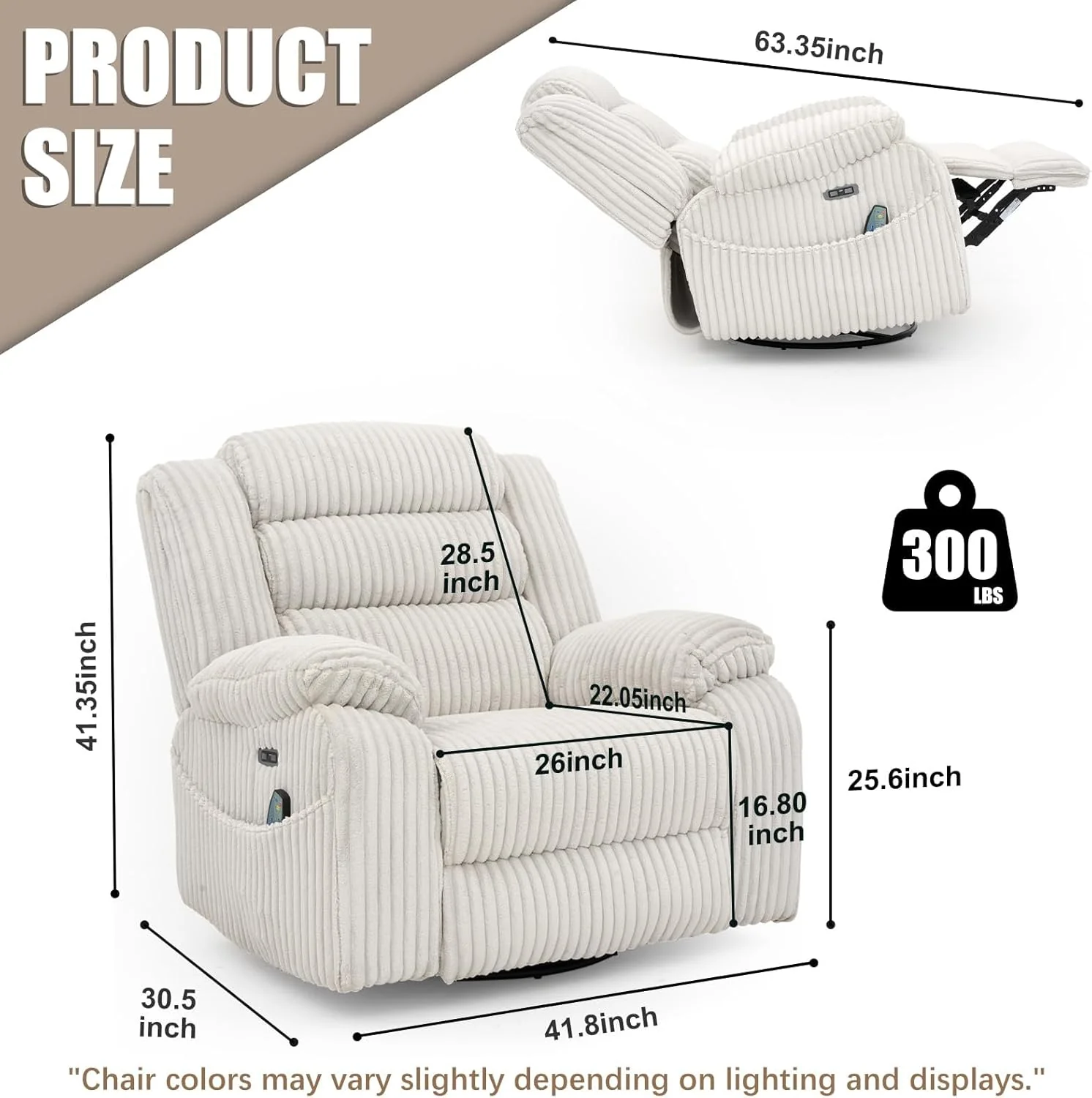 Fauteuil de relaxation rotatif électrique pour adultes avec massage et affichage des calories, ports de chargement USB et USB-C