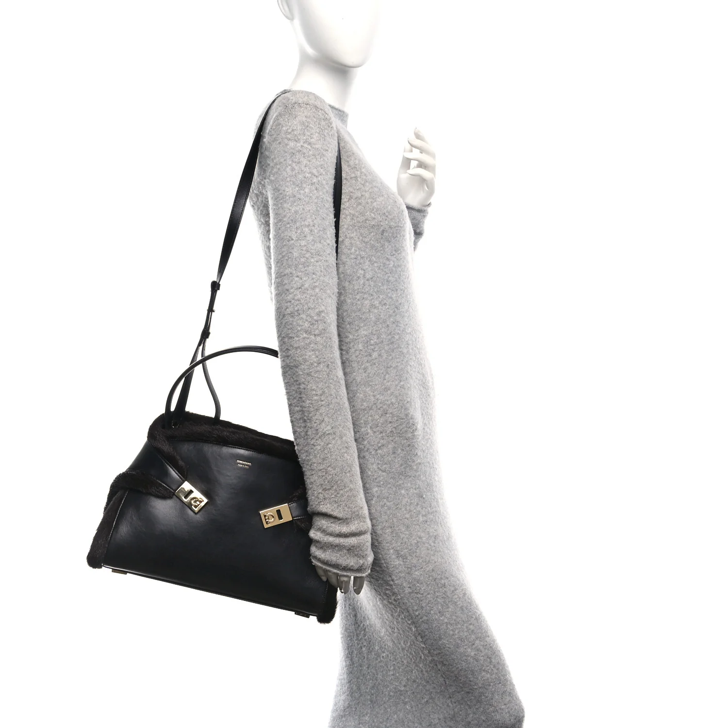 Calfskin Shearling Medium Hug Bag Black