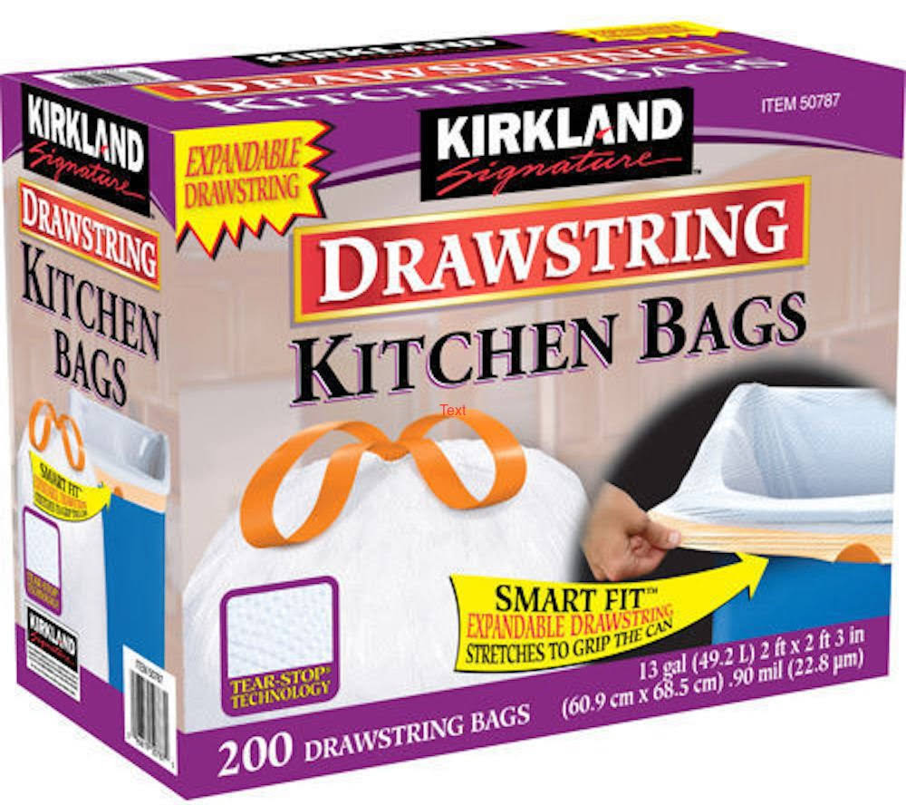 Kirkland Signature 13 Gallon 200 ct Carton 100% Recyclable Heavy Duty Drawstring Kitchen Trash Bags Garbage Bag ,White