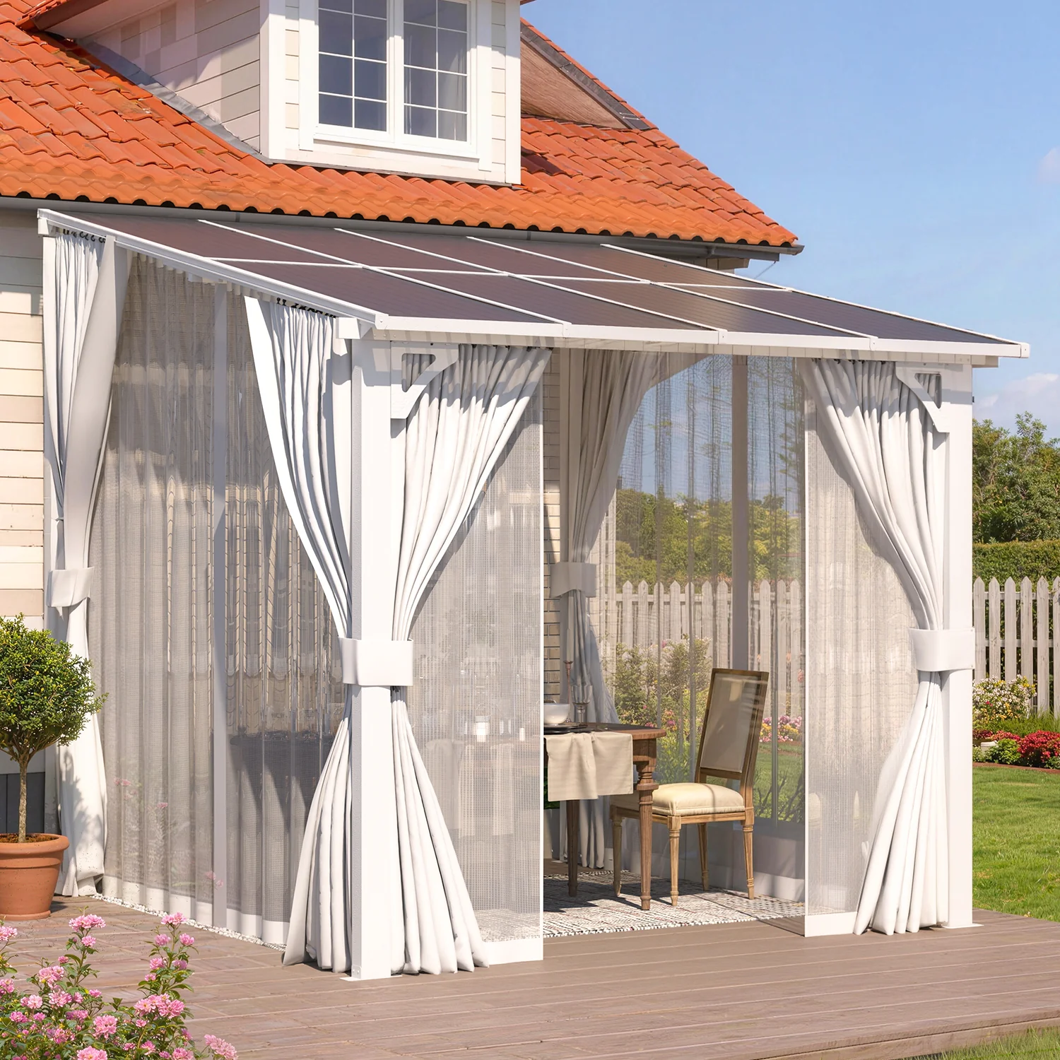 AECOJOY 8'x8' Wall Gazebo with Curtains and Mosquito Netting, White