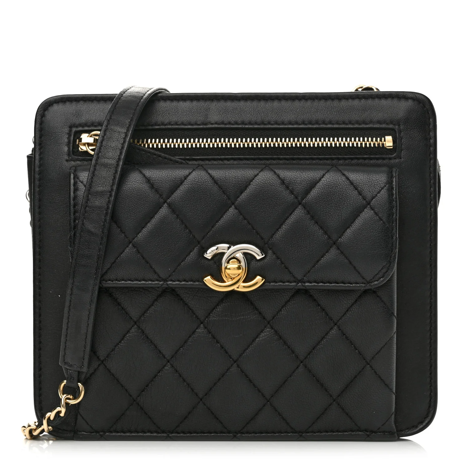 Lambskin Quilted Square Front Pocket Clutch With Chain Black