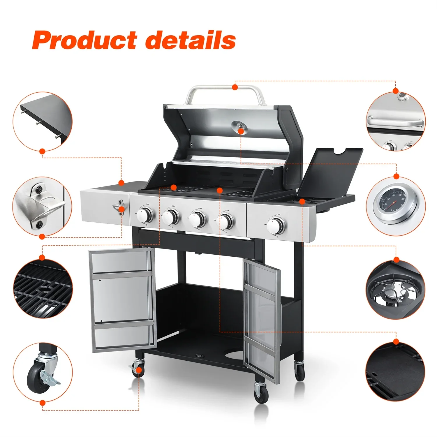 HighSound 3 Burner BBQ Propane Gas Grill, Stainless Steel 25650 BTU Patio Garden Barbecue Grill with Wire Enamel Cooking Grids & Foldable Shelves, Black