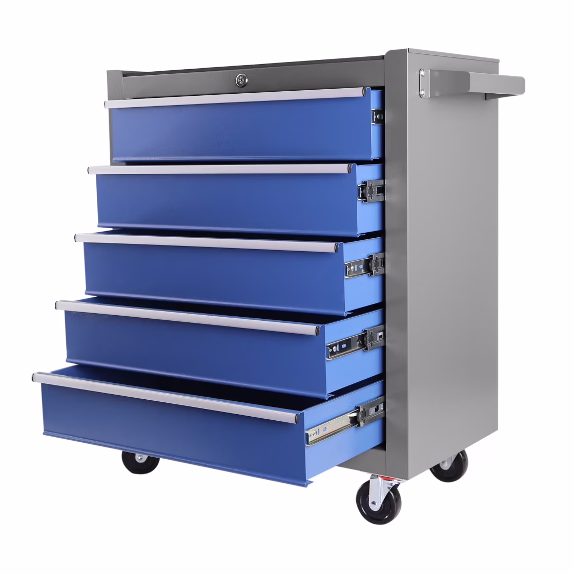 5-Drawer Portable Tool Box, Steel Rolling Tool Chest with 7 Drawer Organizer, 360-Degree Wheels & 360-Degree Brake Wheels, Lockable & Movable Tool Cabinet for Workshop, Garage, Warehouse, Blue + Grey