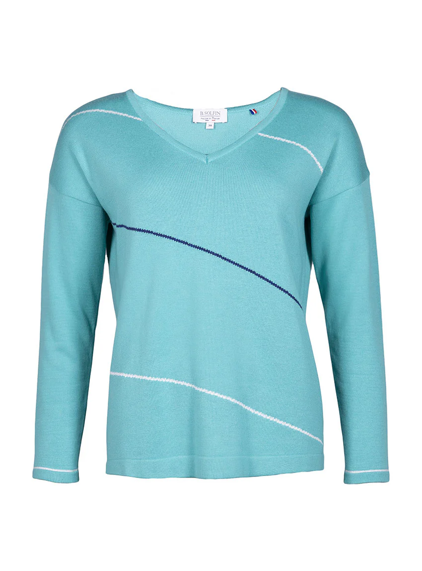 Pull femme col V en coton vert