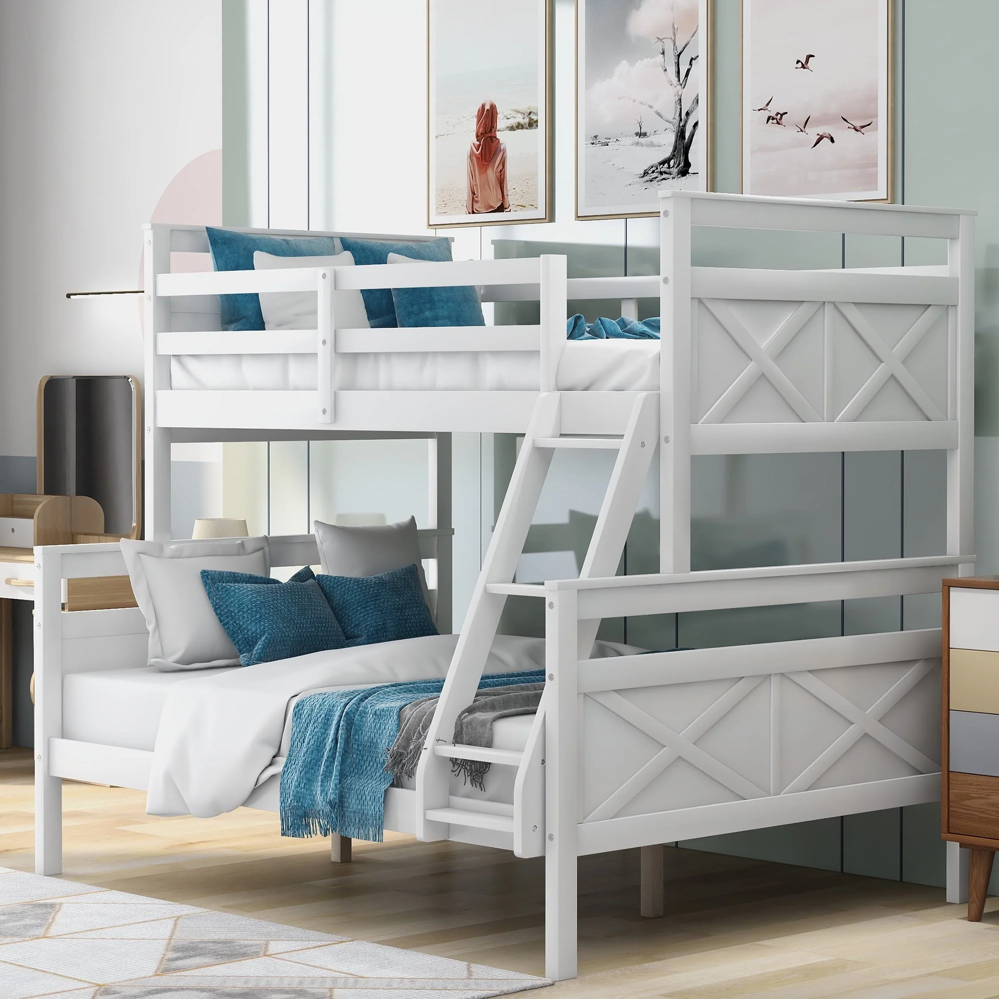 Euroco Twin over Full Wood Bunk Bed with Ladder for Kid's Room