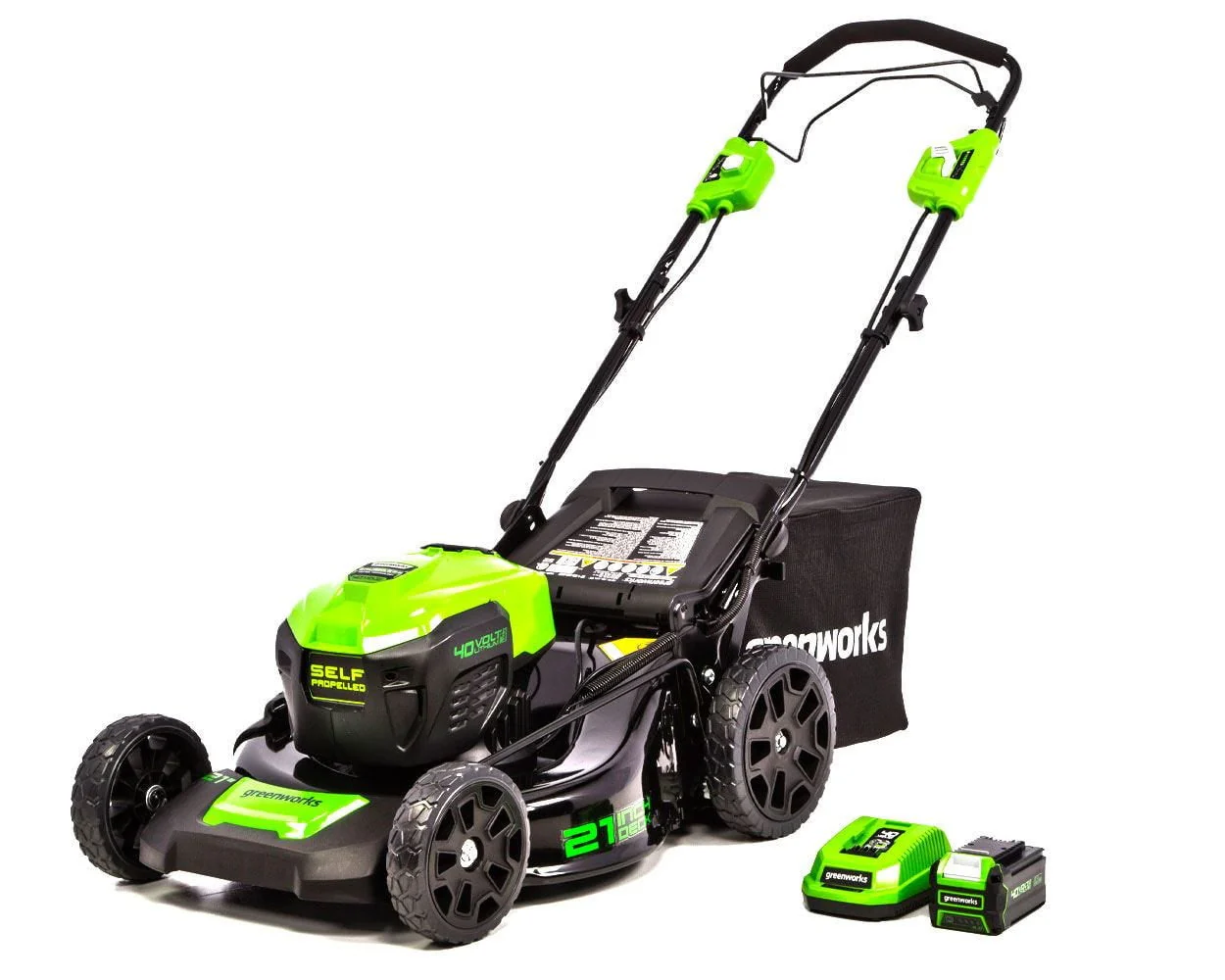 Greenworks 21" 40V Brushless Self Propelled Lawn Mower + 5 0 Ah Battery  Charger