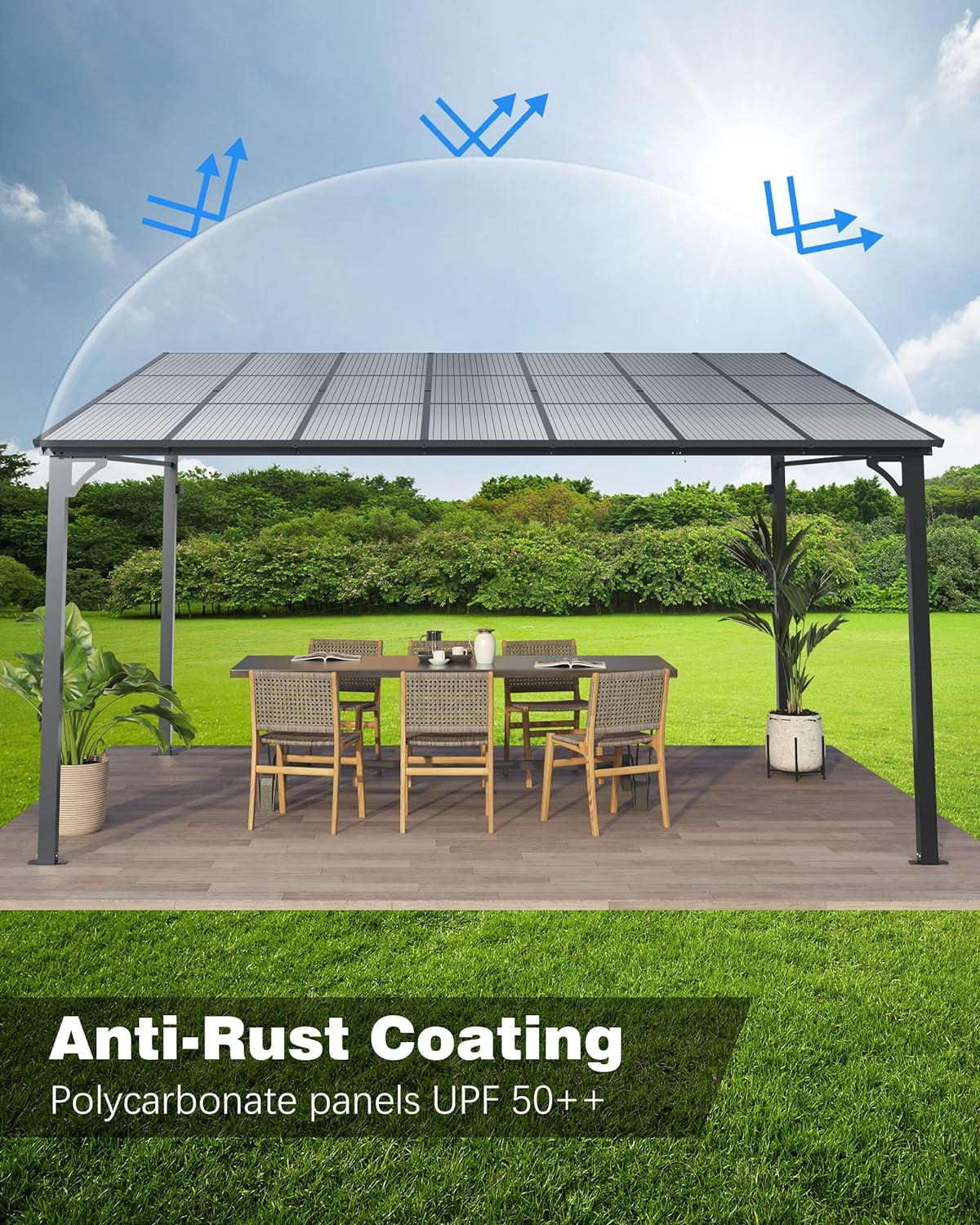 12'x20' Outdoor Hardtop Gazebo, Lean-to Pergola With Roof for Lawn Patio Deck Yard Party(12' x 20'/Grey) - Image 6