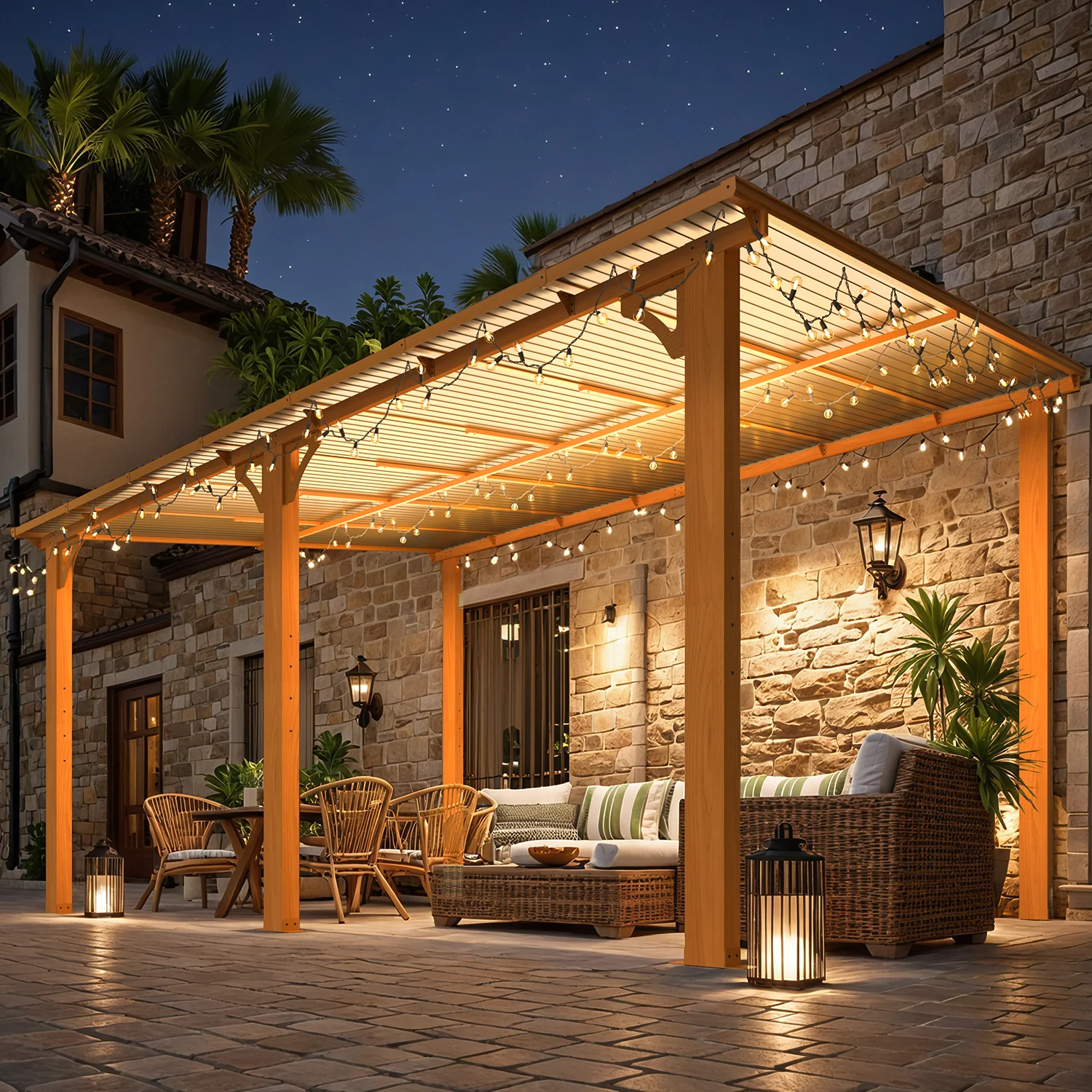 AECOJOY 14'x10' Wall Mounted Gazebos Pergola, Wood Grain