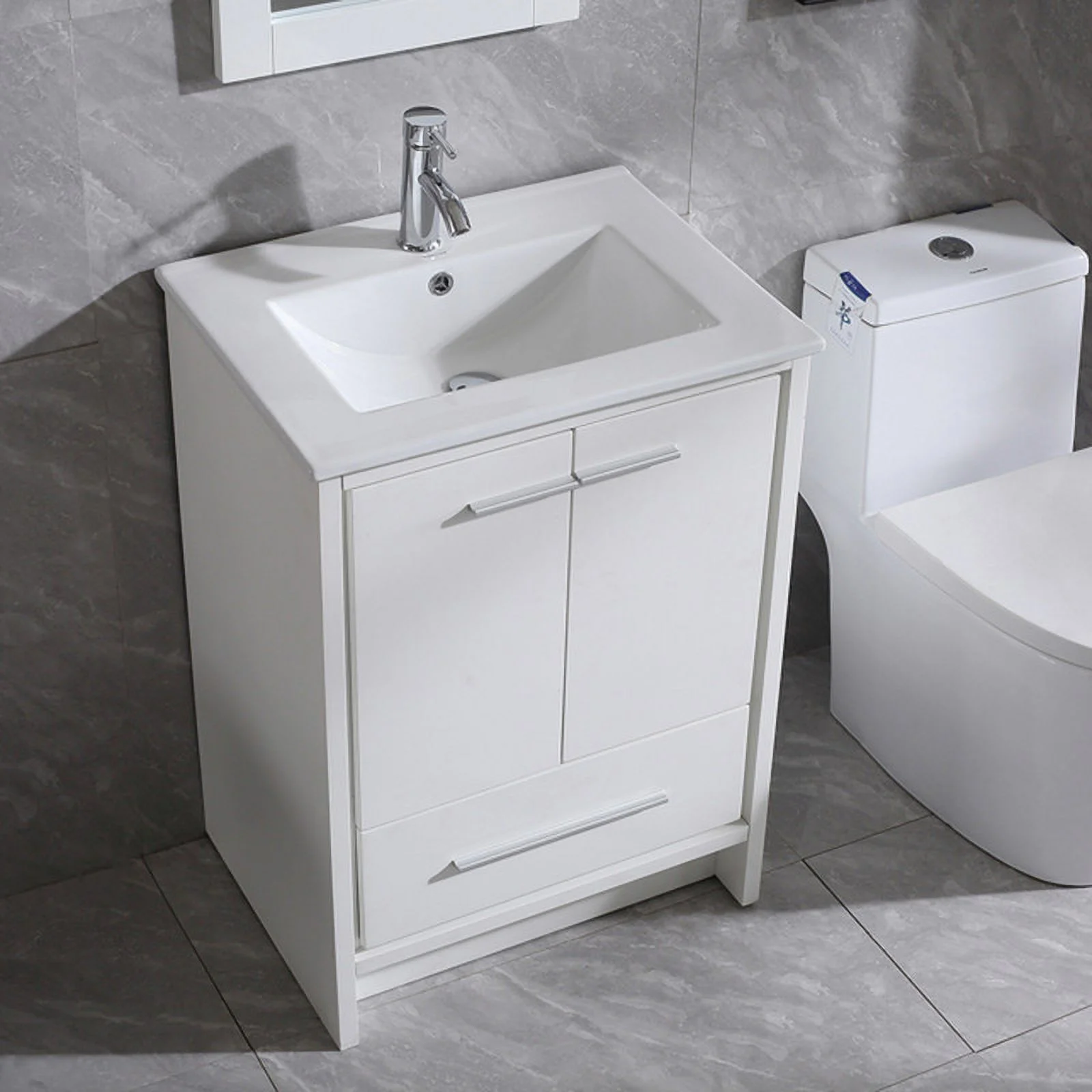 24" Luxurious Bathroom Vanity with Ceramic Sink and Countertop and Mirror and Faucet,Double Door Stand Floor Cabinet Bathroom Storage Vanity with Pop Up Drain,White(2 Doors1 Drawers) - Image 9