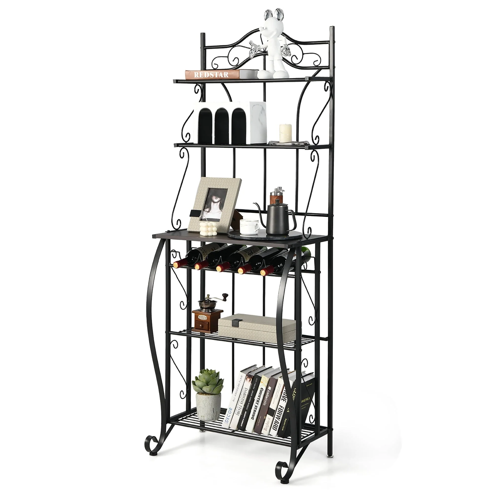 Costway 5 Tier Metal Kitchen Bakers Rack Microwave Storage Rack Oven Stand with  Wine Organizer