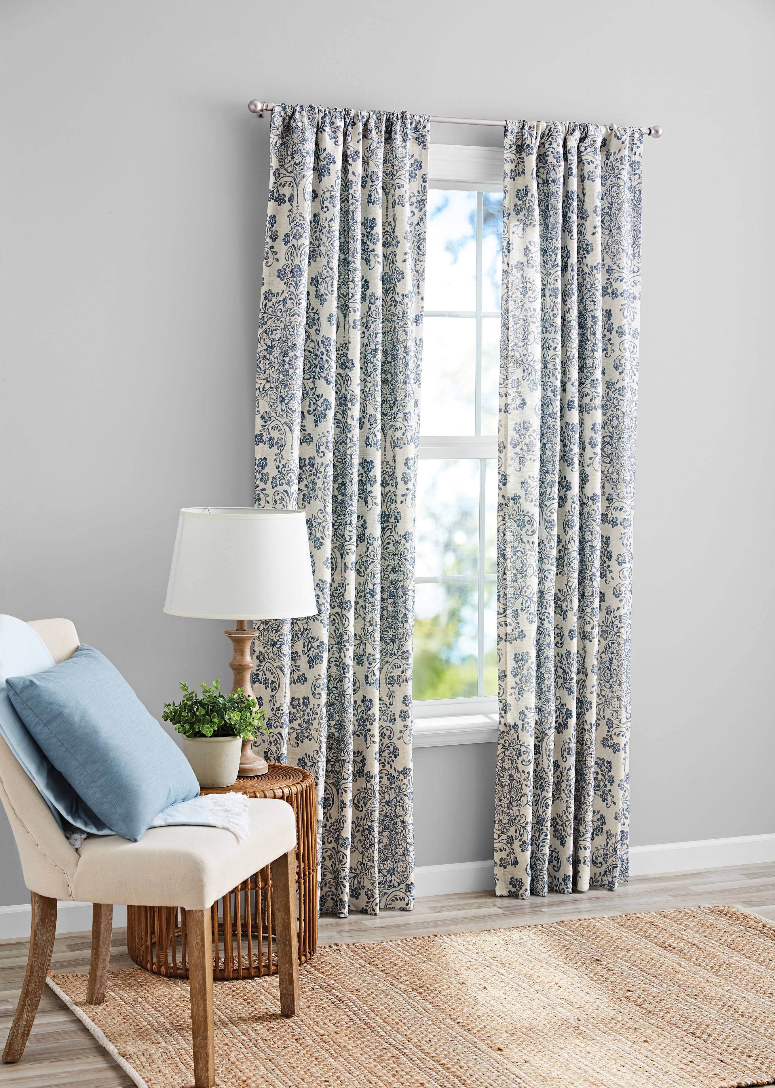 Mainstays Southport Damask Print Light Filtering Rod Pocket Curtain Panel Pair, Set of 2, Blue, 40 x 84