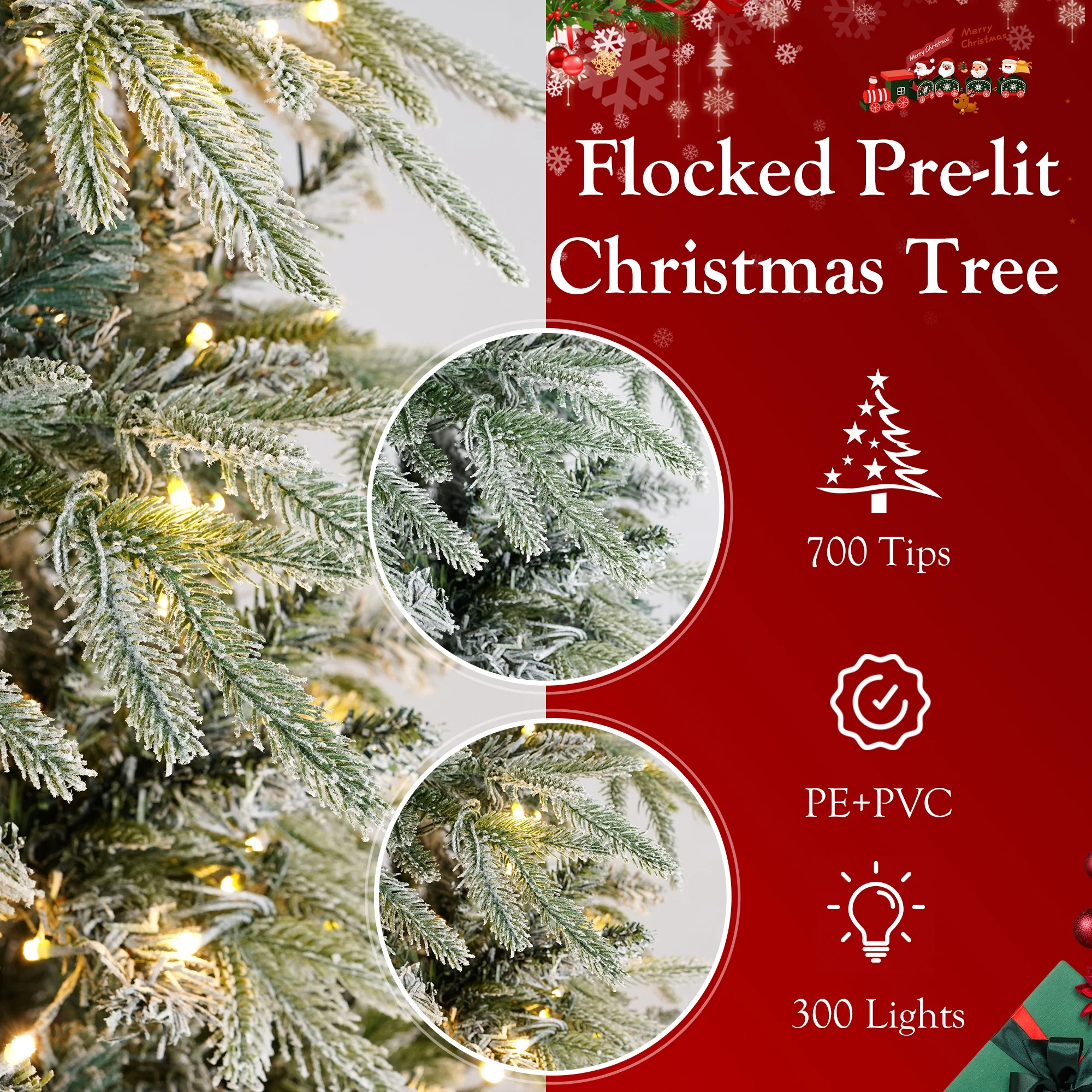 Qunler 7ft Pre - Lit Snow Flocked Artificial Christmas Tree with 300 Warm Lights 8 Modes, 700 PE+PVC Snowy Branches, White