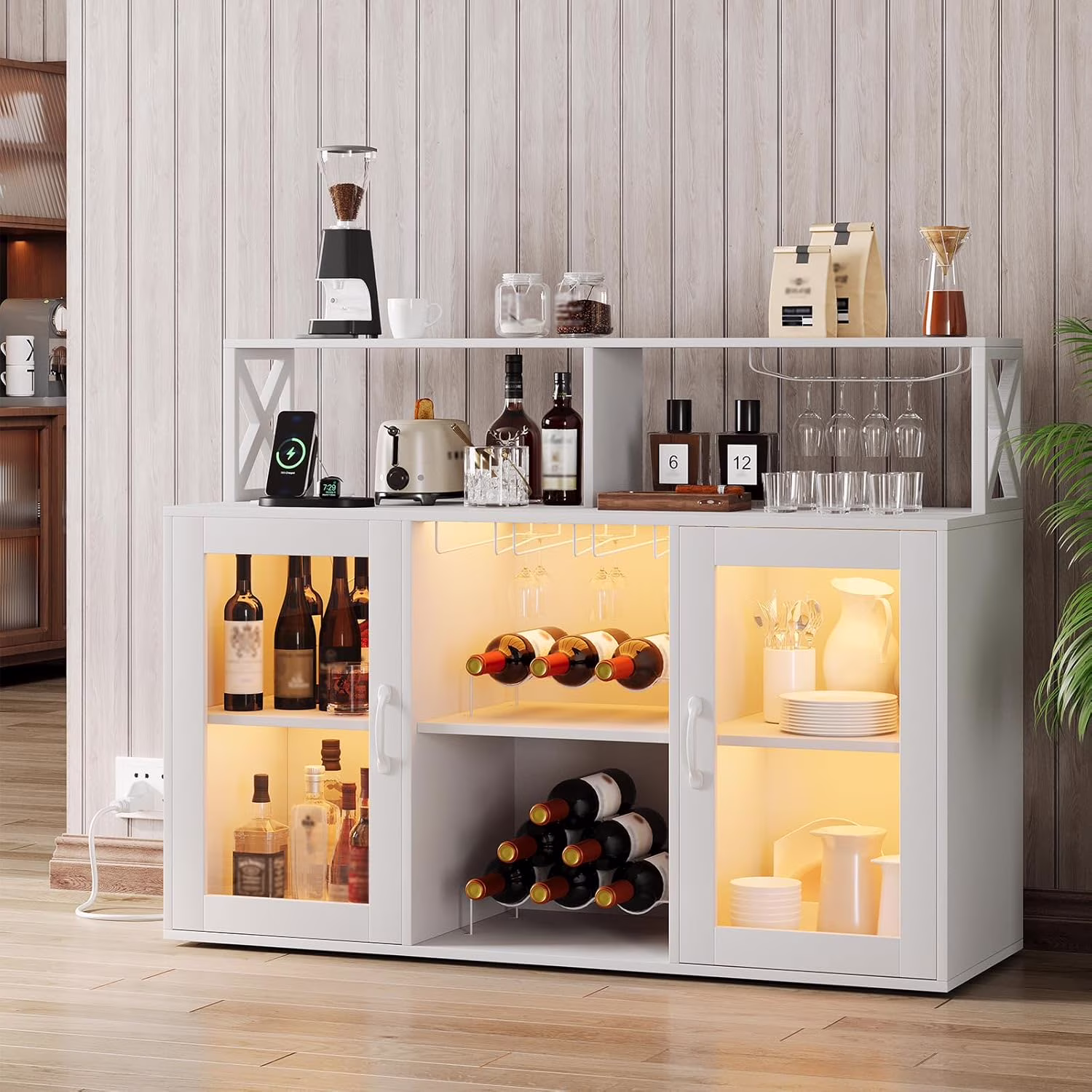 Home Wine Bar Cabinet with LED Light, Industry Coffee Bar Cabinet with Wine Rack, Glass Holder, and Power Outlets, Kitchen Sideboard Buffet Cabinet for Living Room Dining Room(White)