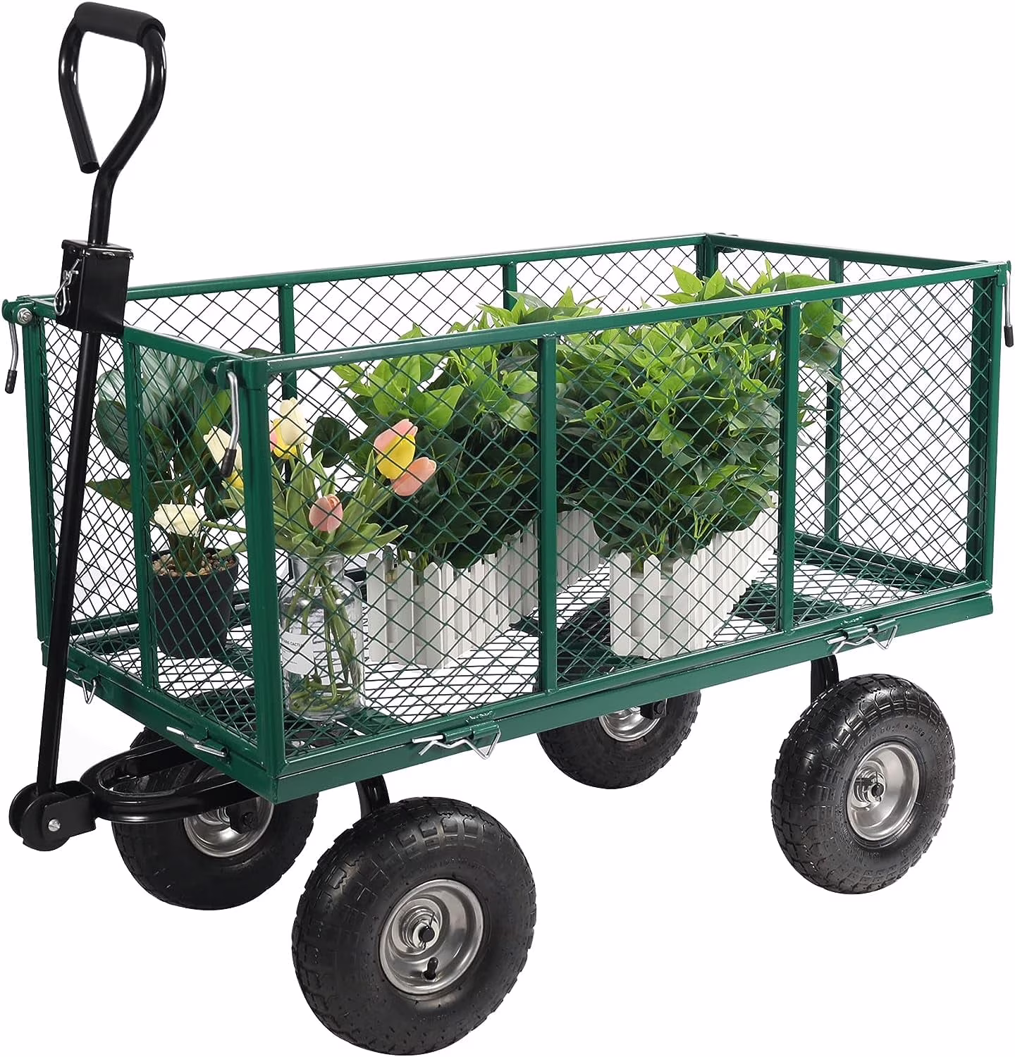 900lb Capacity Garden Cart Outdoor Utility Wagon Cart with Wheels Metal Heavy Duty Yard Wagon Flatbed w/ Pocket, Green(Green)